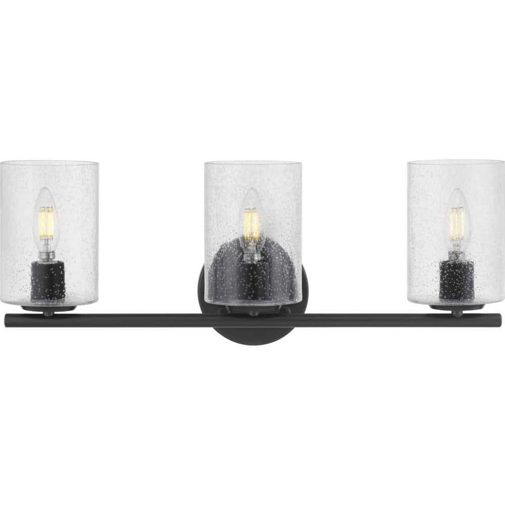 Champlain 22.375 in. 3-Light Matte Black Modern Bathroom Vanity Light with Clear Seeded Glass Shades