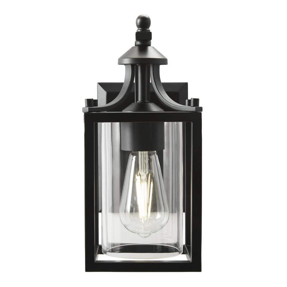 Hampton Bay Boswell Quarter 12.12 in. 1-Light Matte Black Hardwired Outdoor Transitional Wall Lantern Sconce with Clear Glass Shade