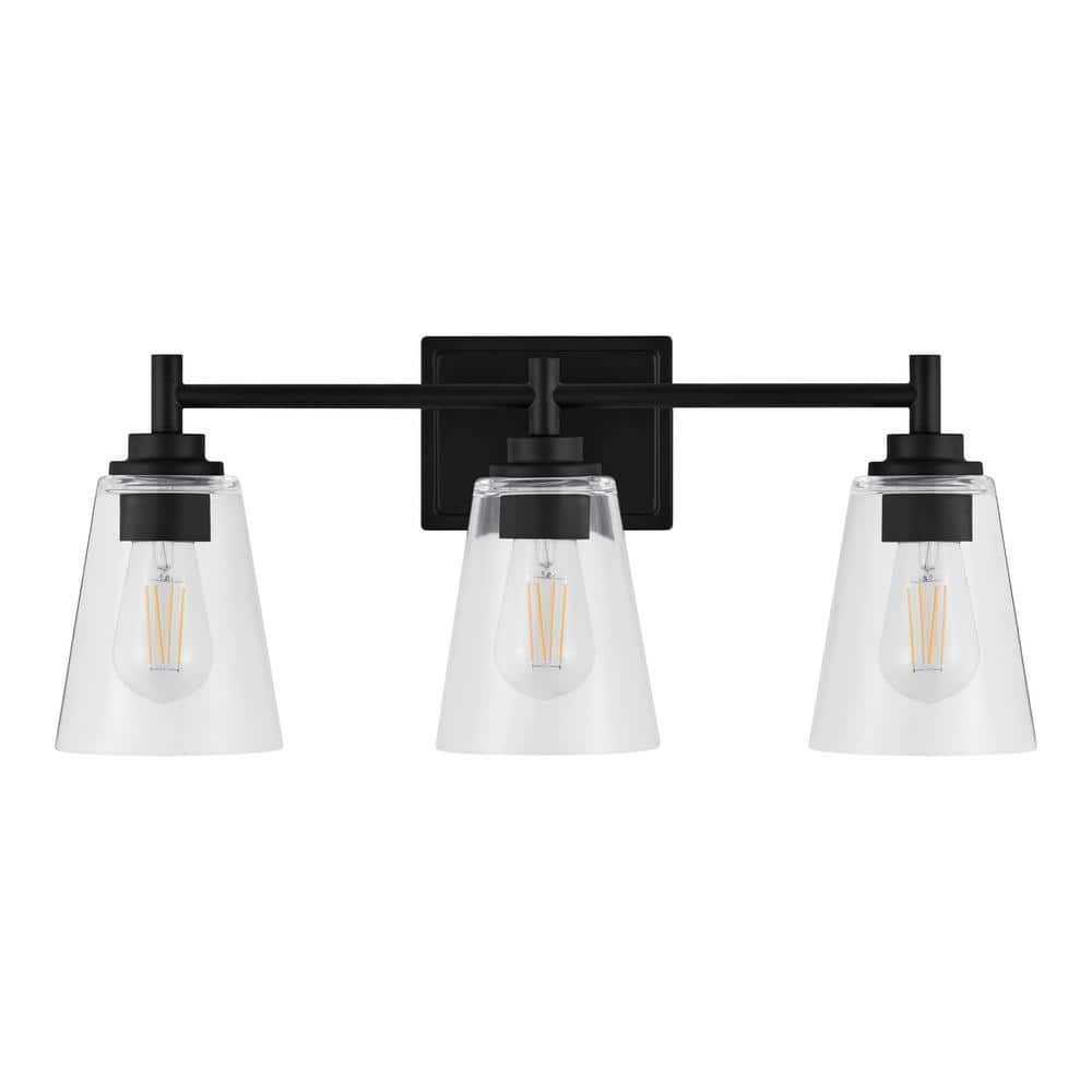 Wakefield 22 in. 3-Light Matte Black Modern Wall Mount Sconce Light with Clear Glass Shades