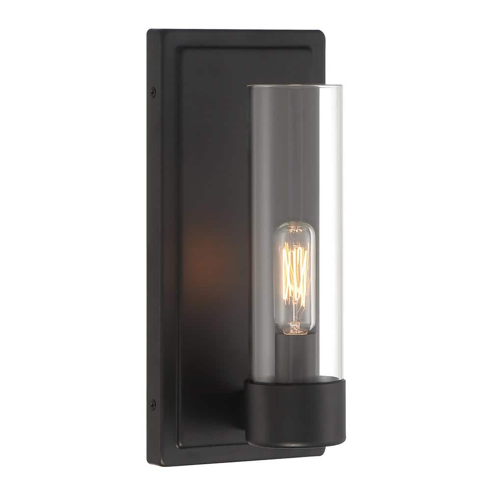 Home Decorators Collection Closmere 5 in. 1-Light Matte Black Mid-Century Modern Wall Sconce with Clear Glass Shade