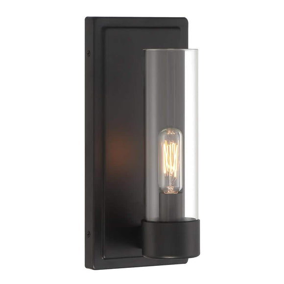 Home Decorators Collection Closmere 5 in. 1-Light Matte Black Mid-Century Modern Wall Sconce with Clear Glass Shade
