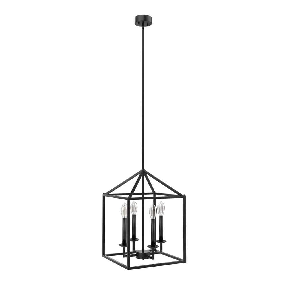 Hukoro Alfa 12 in. 4-Light Modern Rectangle Lantern Pendant Light with Mate Black Finish