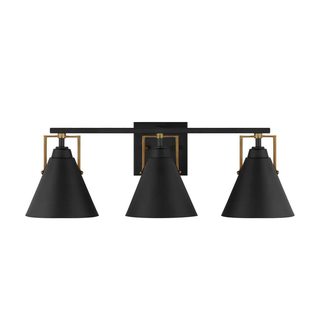 Home Decorators Collection Insdale 3-Light Matte Black Modern Bathroom Vanity Light with Satin Brass Accents