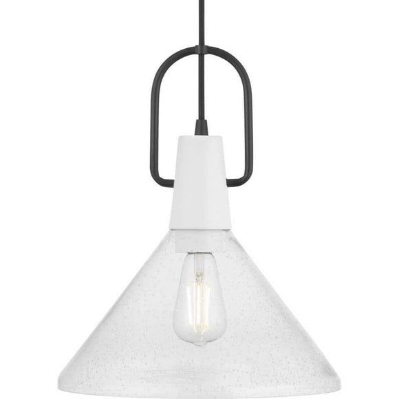 Progress Lighting Suwanee 12 in. 1-Light White Coastal Pendant Light with Clear Seeded Glass Shade for Kitchens