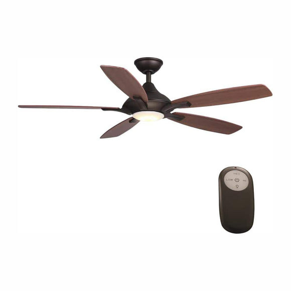 home decorators collection 24426 petersford 52 in. integrated led indoor oil rubbed bronze ceiling fan with light kit and remote control