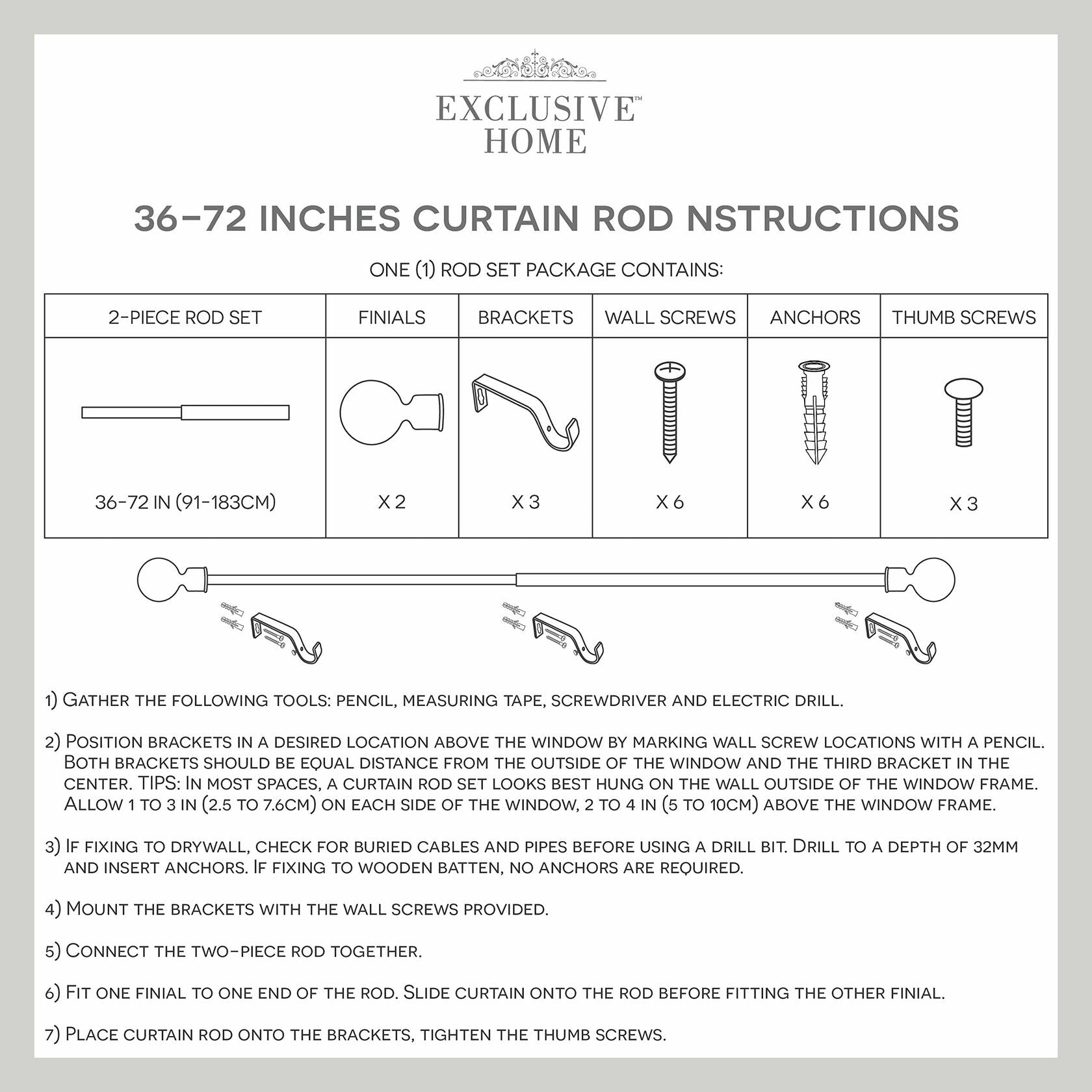 Exclusive Home Curtains Sphere 1" Curtain Rod and Coordinating Finial Set, Matte Black, Adjustable 36"-72"