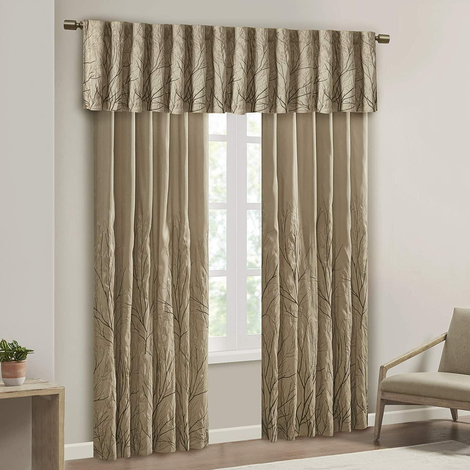 Madison Park Tan Curtains For Living Room , Transitional-Rod Pocket Light Curtains For Bedroom , Andora Embroidered Back Tab Fabric Window Curtains , 50" x 84", 1-Panel Pack