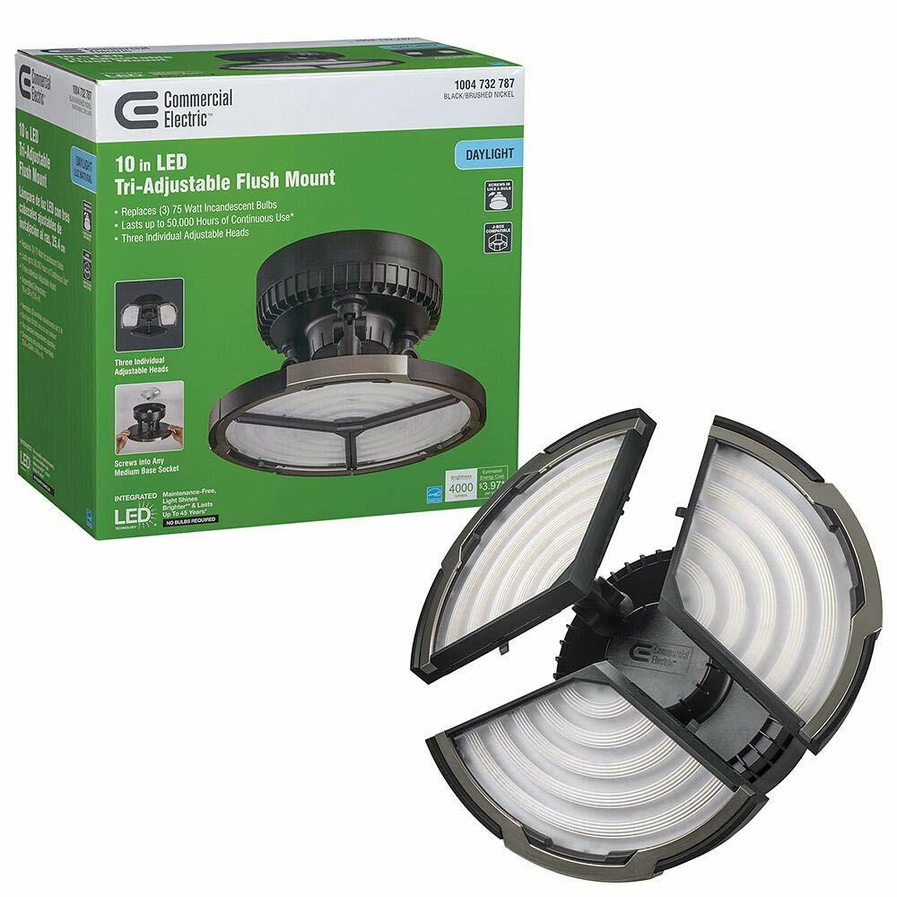 Spin Light 10 in. High Output 4000 Lumens Black LED Flush Mount Ceiling Light with 3 Adjustable Heads 5000K