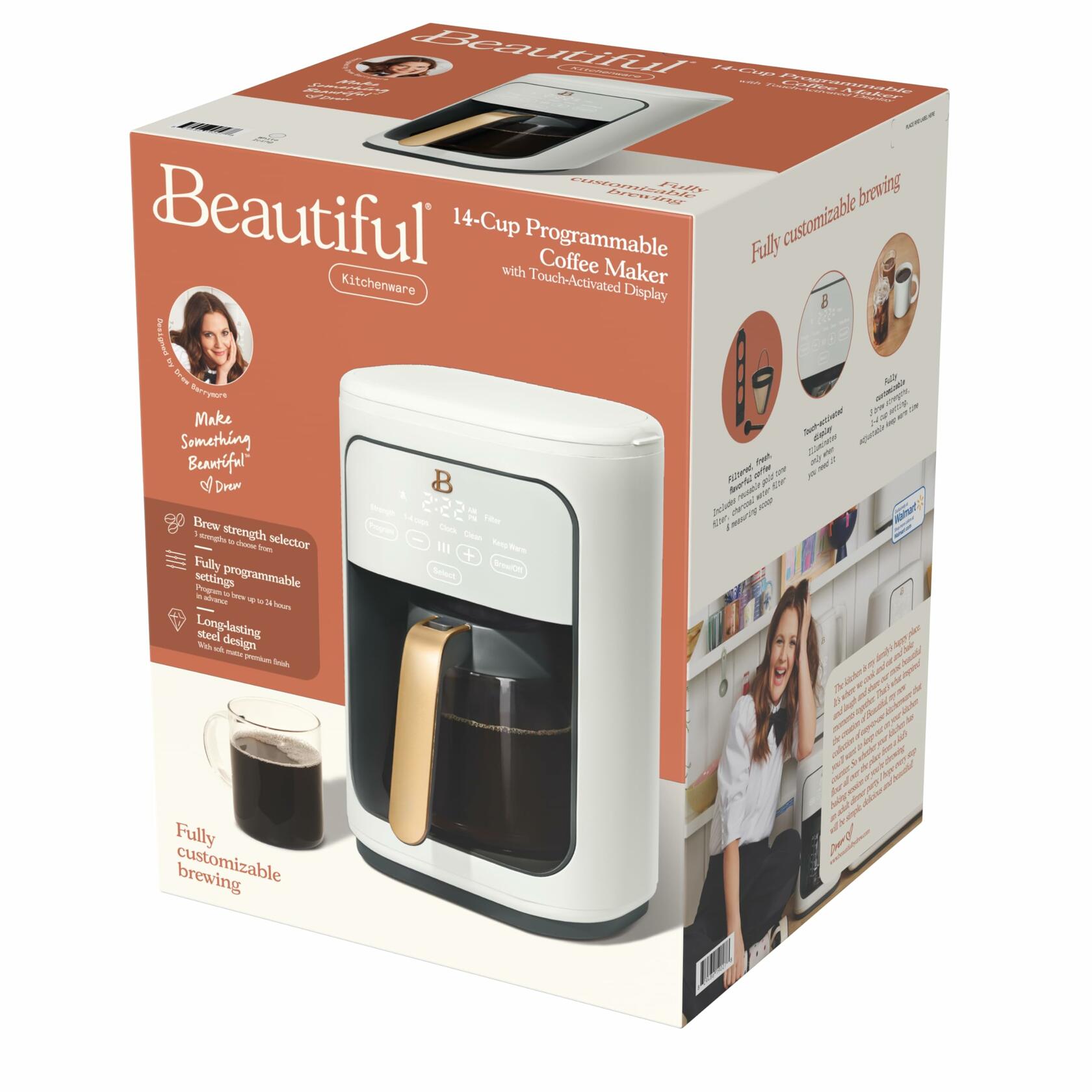 Touchscreen Coffee Maker, 14-Cup Programmable Coffee Maker with Touch-Activated Display, Kitchenware by Drew Barrymore (White Icing)