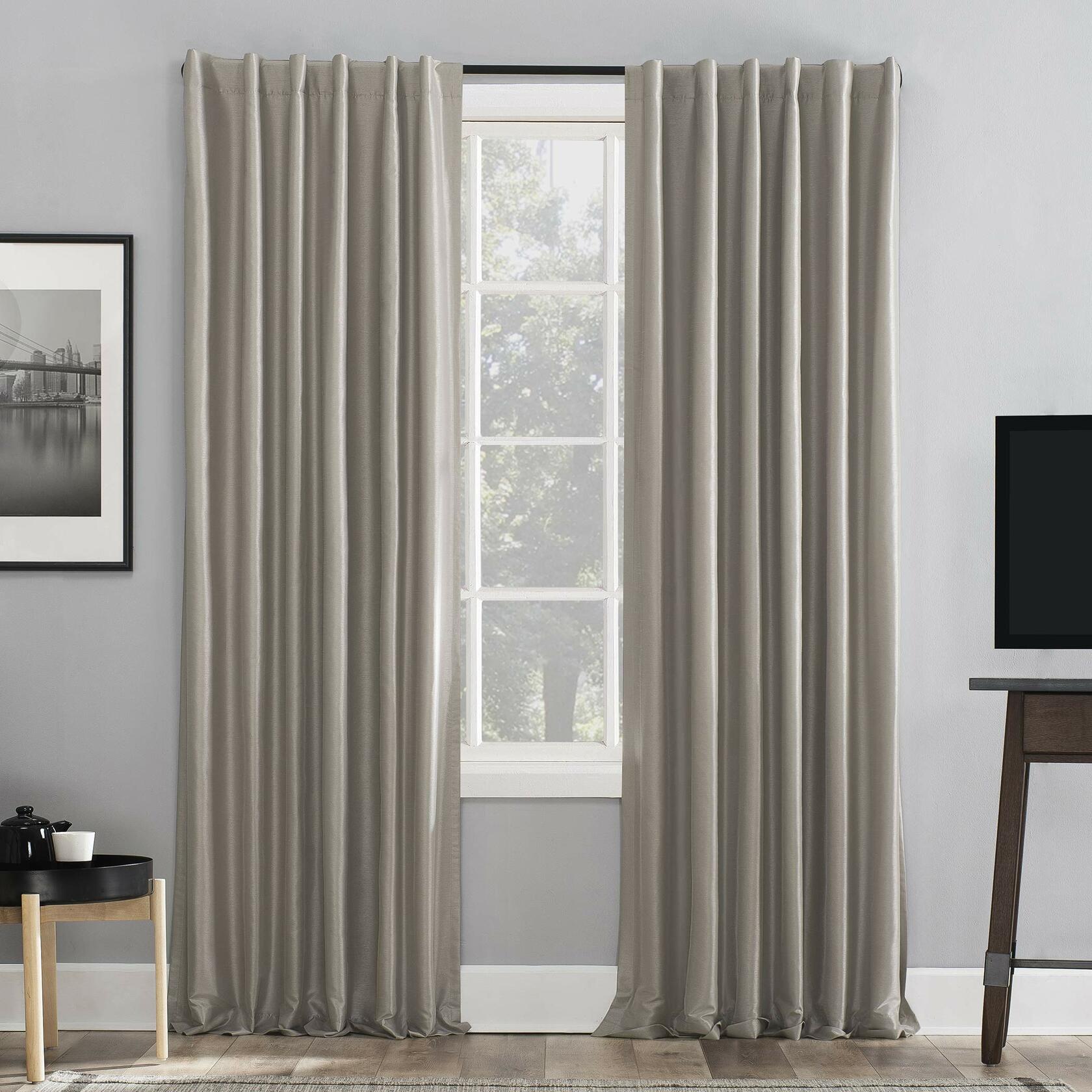 Sun Zero Greyson Faux Dupioni Silk Thermal Extreme Total Blackout Back Tab Curtain Panel, 50" x 63", Stone Beige