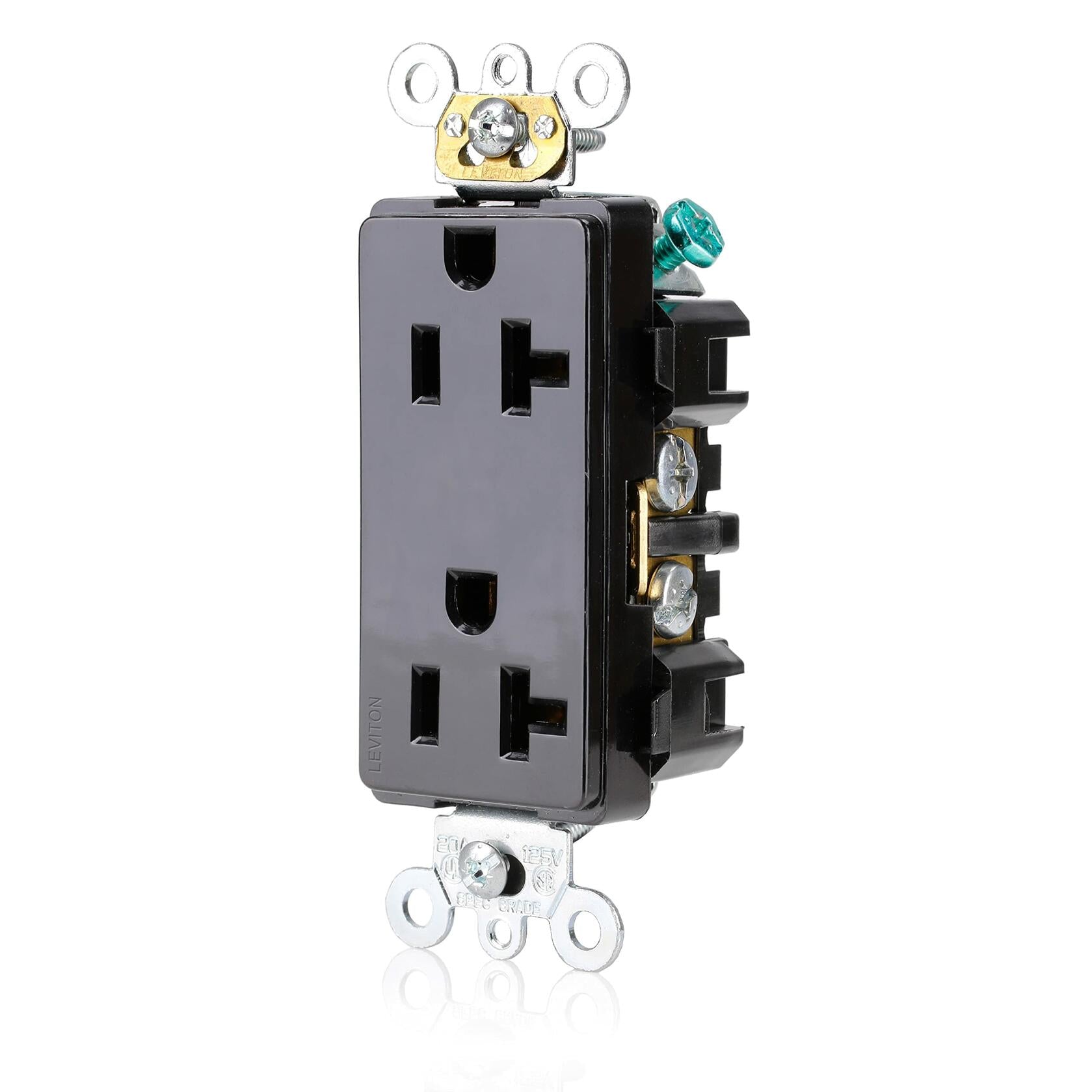 Leviton 20 Amp, 125 Volt, Decora Plus Duplex Receptacle, Straight Blade, Industrial Grade, Self Grounding, 16362-E, Black