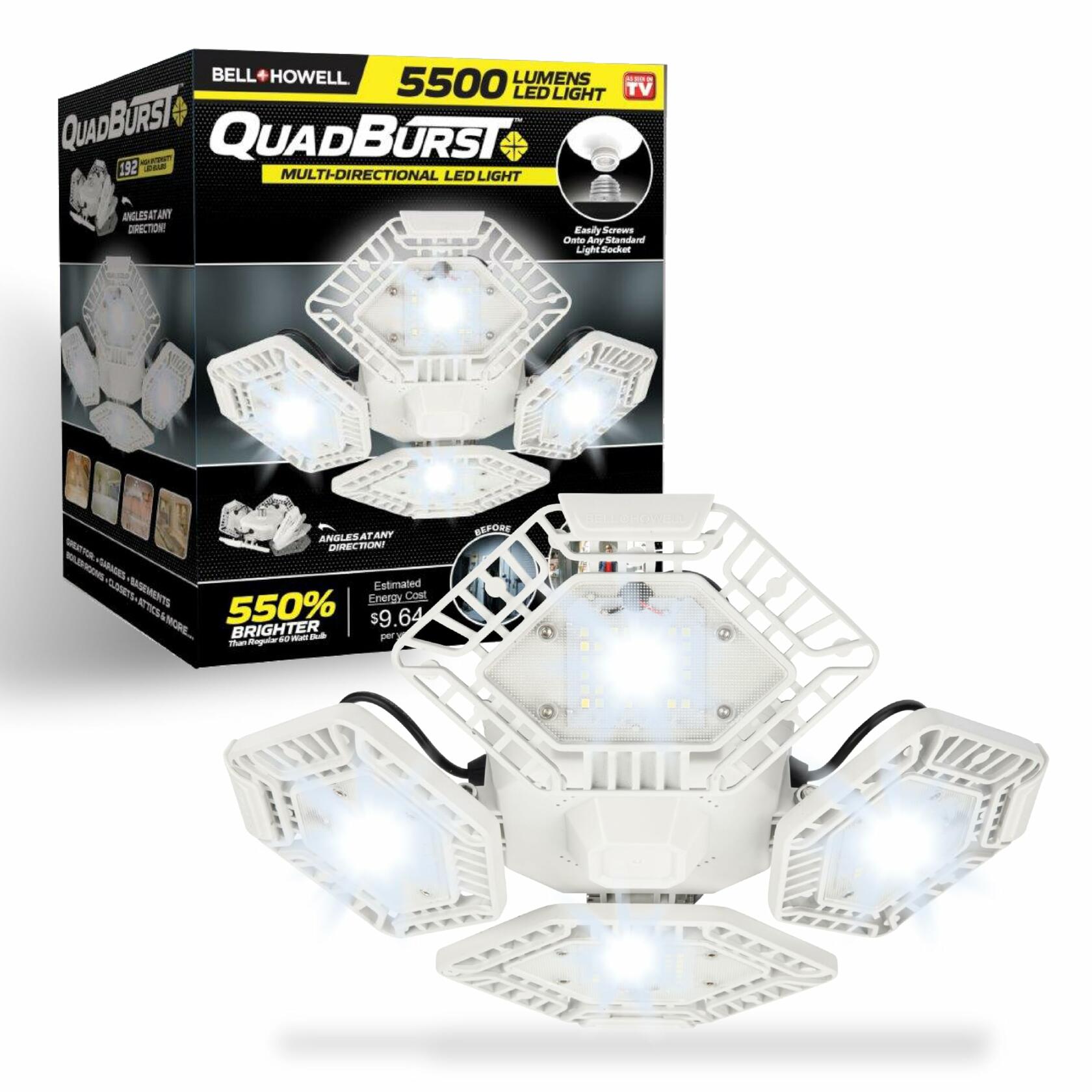 Bell+Howell QUADBURST LED Shop Light 80W 5500 Lumen Heavy-Duty Aluminum - Ultra-Bright Garage Ceiling Light with Deformable Panels, 192 Ultra High-Intensity for Garage, Bedrooms, Living Rooms (White)