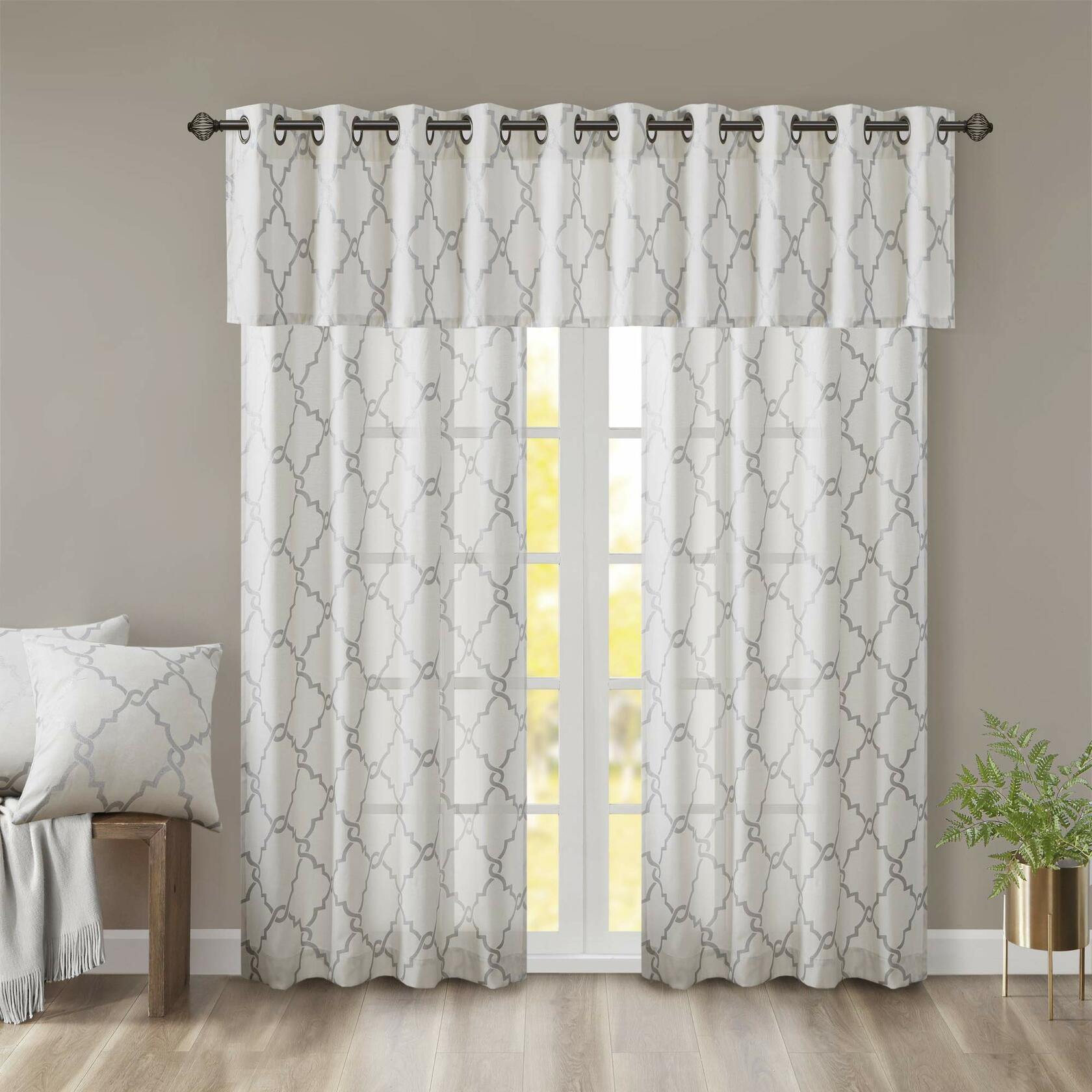 Madison Park Saratoga Light Filtering Fretwork Print Grommet Top Window Valance Swags for Living Room Bedroom and Kitchen, 50x18", Ivory/Grey