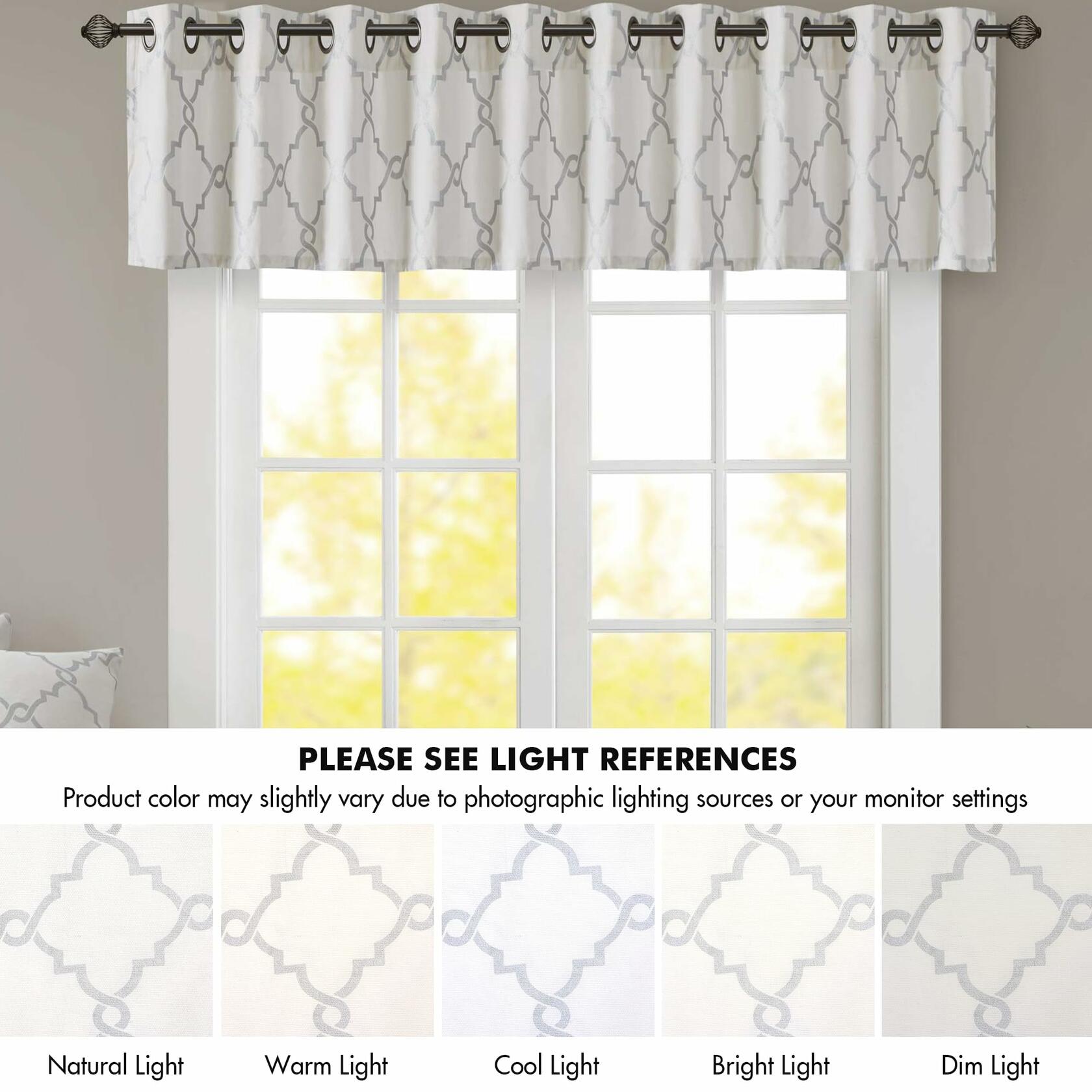 Madison Park Saratoga Light Filtering Fretwork Print Grommet Top Window Valance Swags for Living Room Bedroom and Kitchen, 50x18", Ivory/Grey