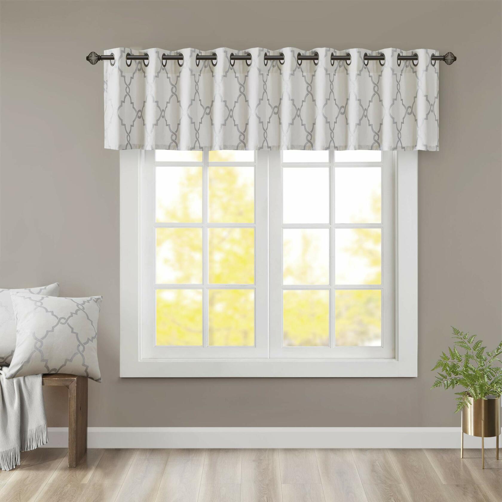 Madison Park Saratoga Light Filtering Fretwork Print Grommet Top Window Valance Swags for Living Room Bedroom and Kitchen, 50x18", Ivory/Grey
