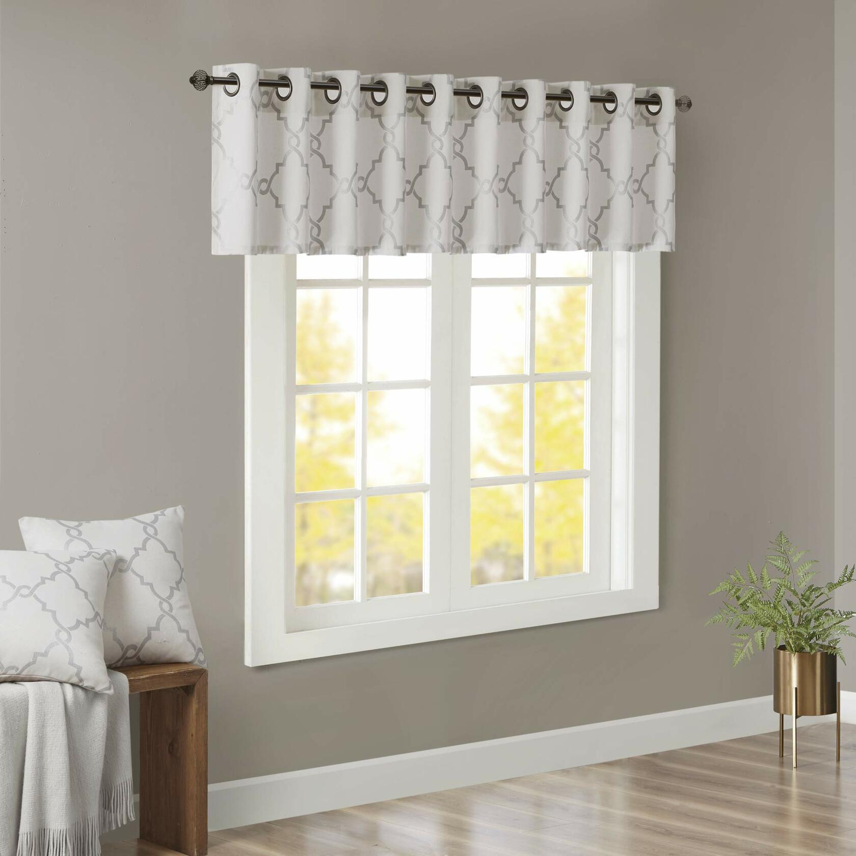 Madison Park Saratoga Light Filtering Fretwork Print Grommet Top Window Valance Swags for Living Room Bedroom and Kitchen, 50x18", Ivory/Grey
