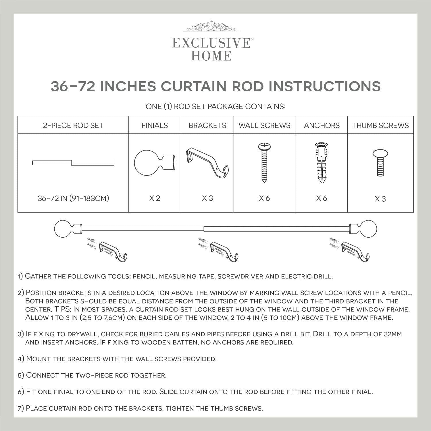 EXCLUSIVE HOME Lancelot 1" Window Curtain Rod and Finial Set, Adjustable 36"-72", Off White