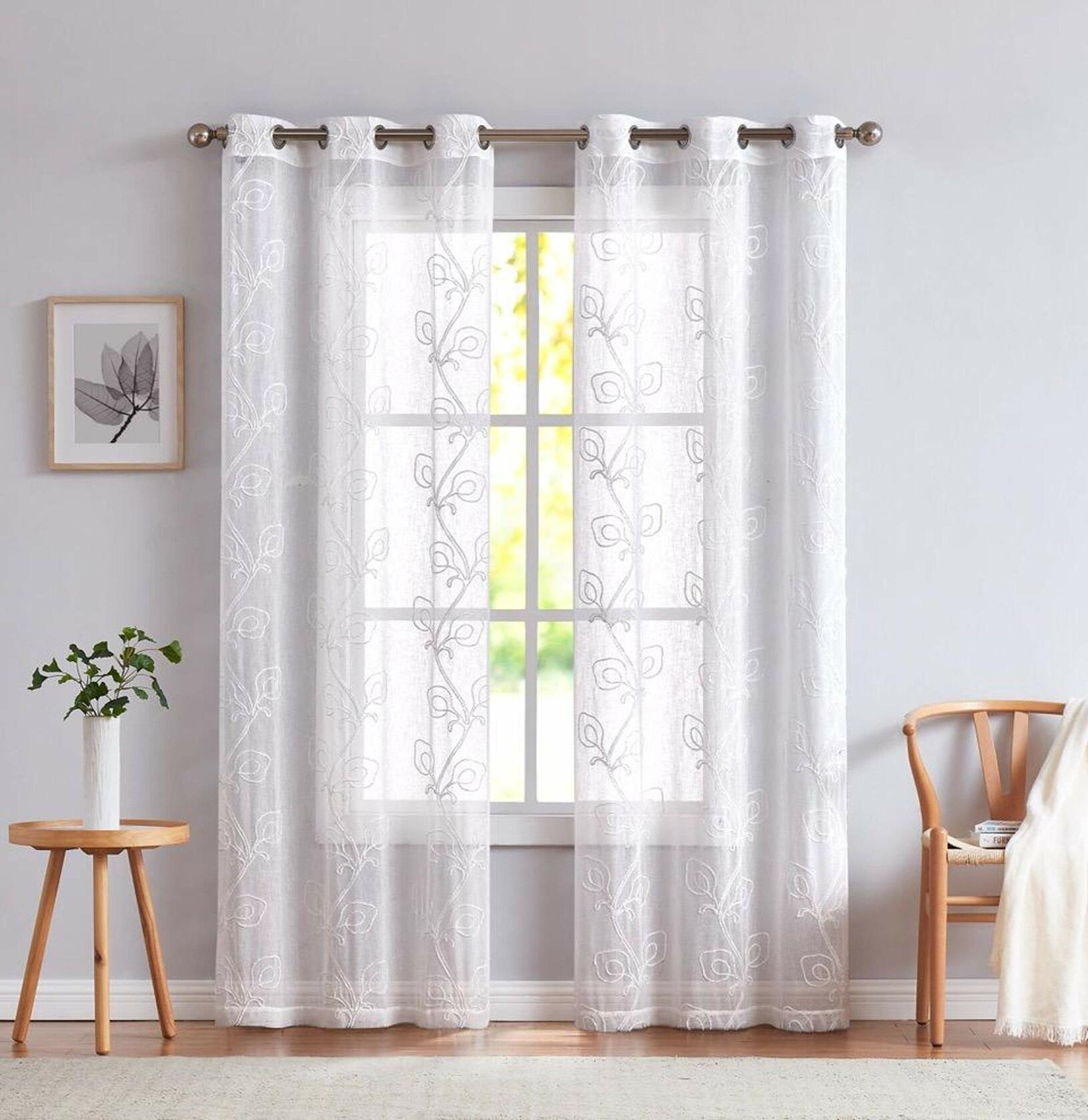 Dainty Home Stella 3D Floral Chenille Embroidered Solid Sheer 76" x 84" Window Curtain Panel Pair in White