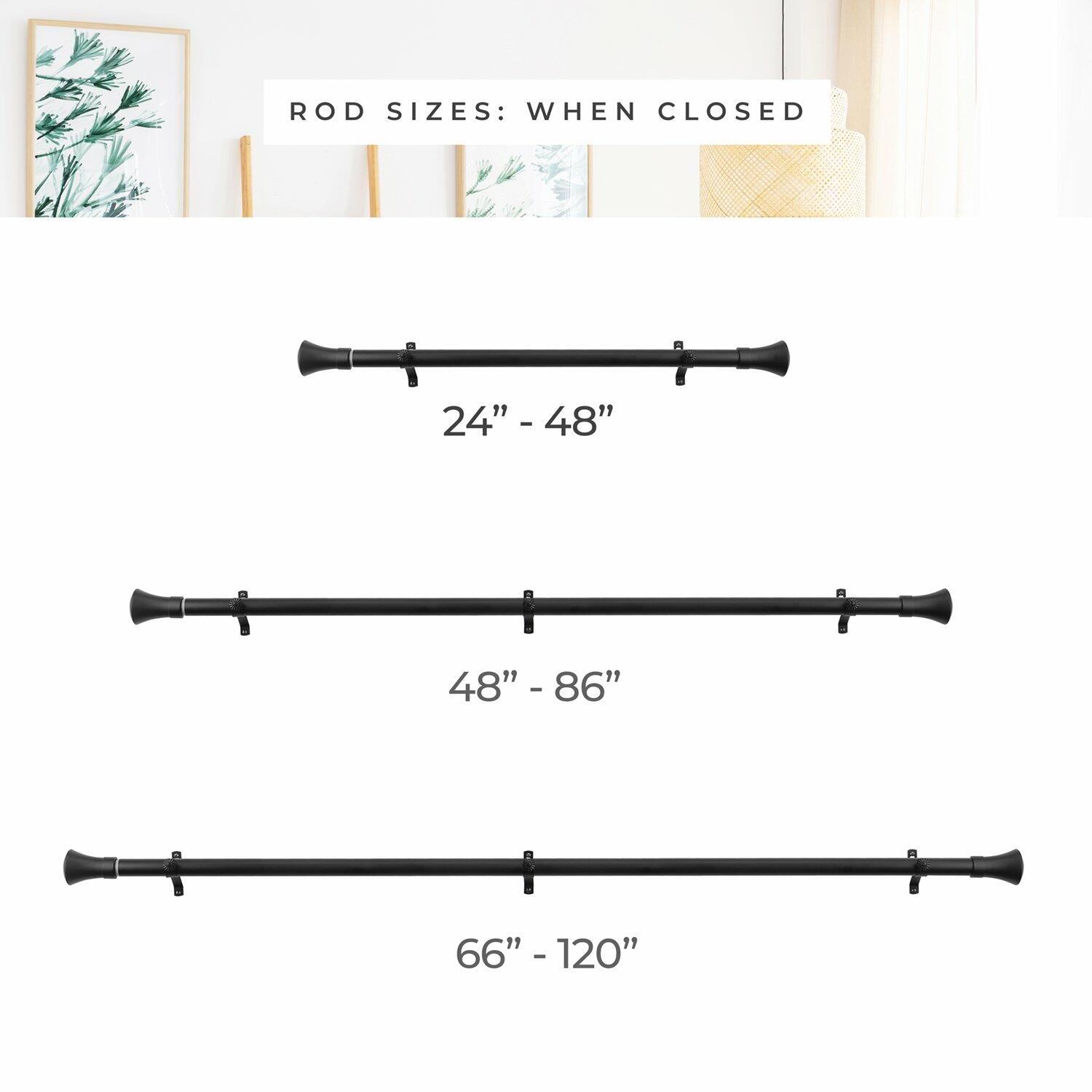 CHICOLOGY 3/4 to 1 inch Diameter Pole for Drapes Finials, Window Decor Elegant Finished in Brass, Bronze, Nickel Curtain Rods, 24 to 48 inches, Matte Black-Aaron