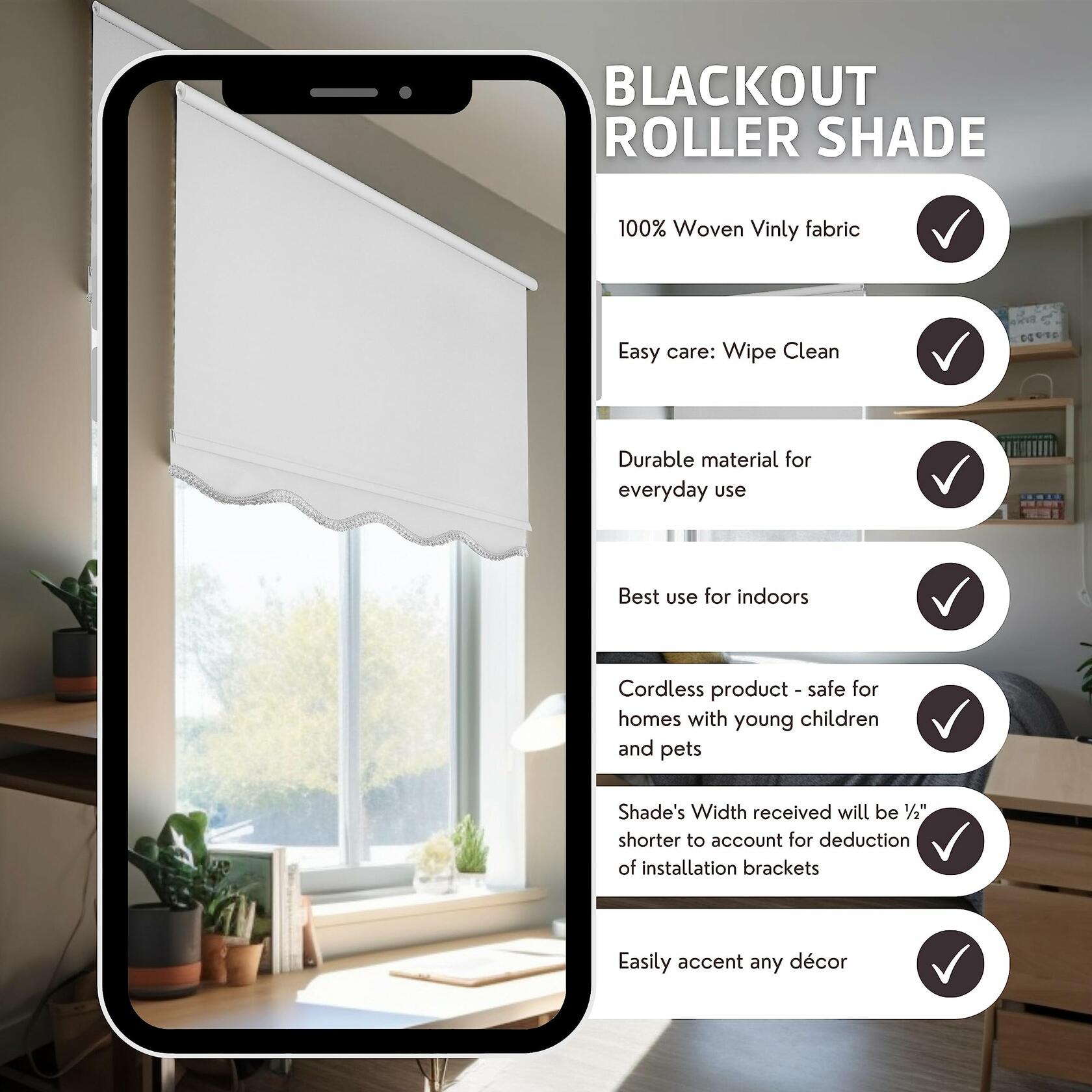 CHICOLOGY Blackout Custom Roller Shades, Cordless Blinds, Window Shades for Home, Roller Window Shades,Window Treatments, Door Blinds, Blackout Shades, White Solid (Fringe), 38.5" W X 64" H