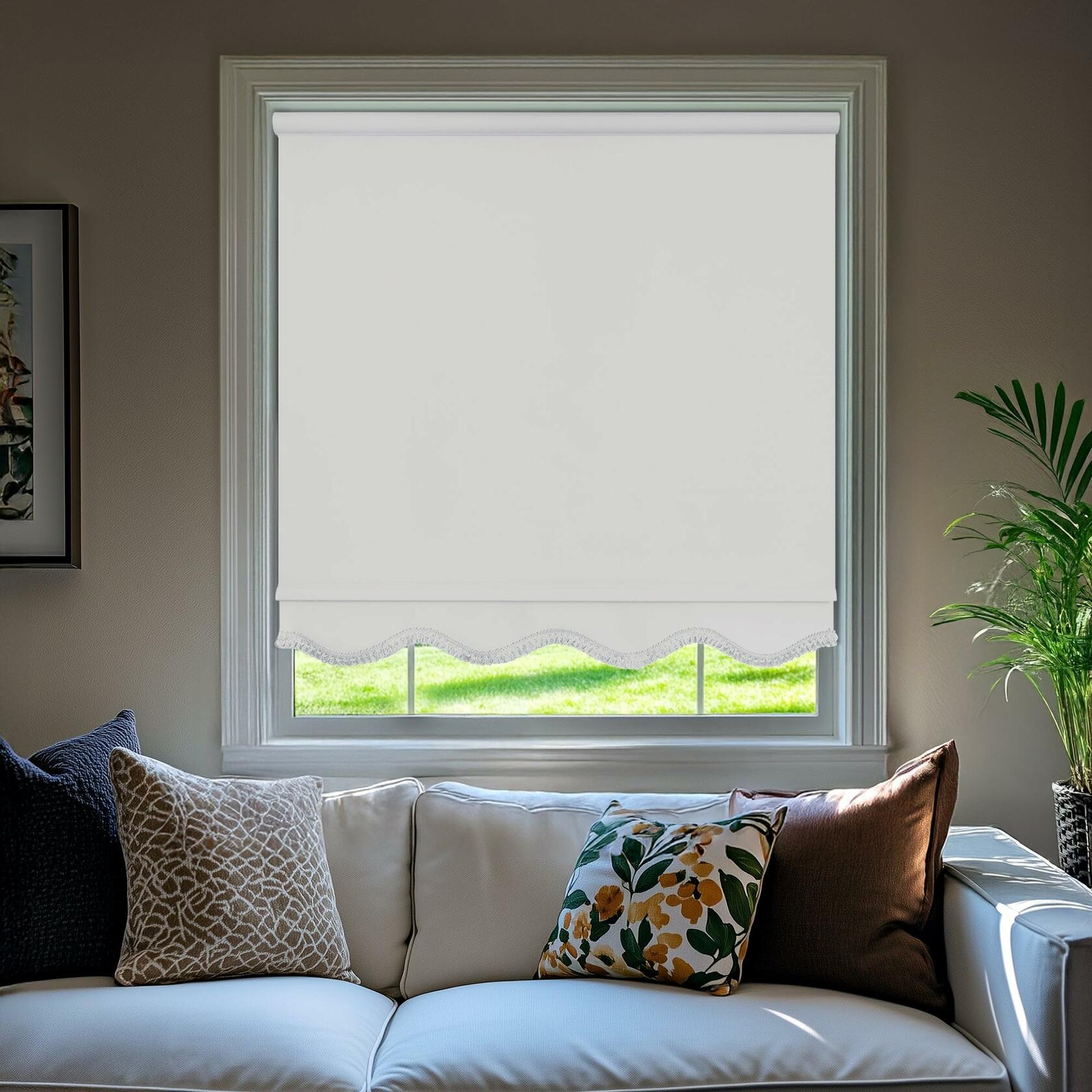 CHICOLOGY Blackout Custom Roller Shades, Cordless Blinds, Window Shades for Home, Roller Window Shades,Window Treatments, Door Blinds, Blackout Shades, White Solid (Fringe), 38.5" W X 64" H