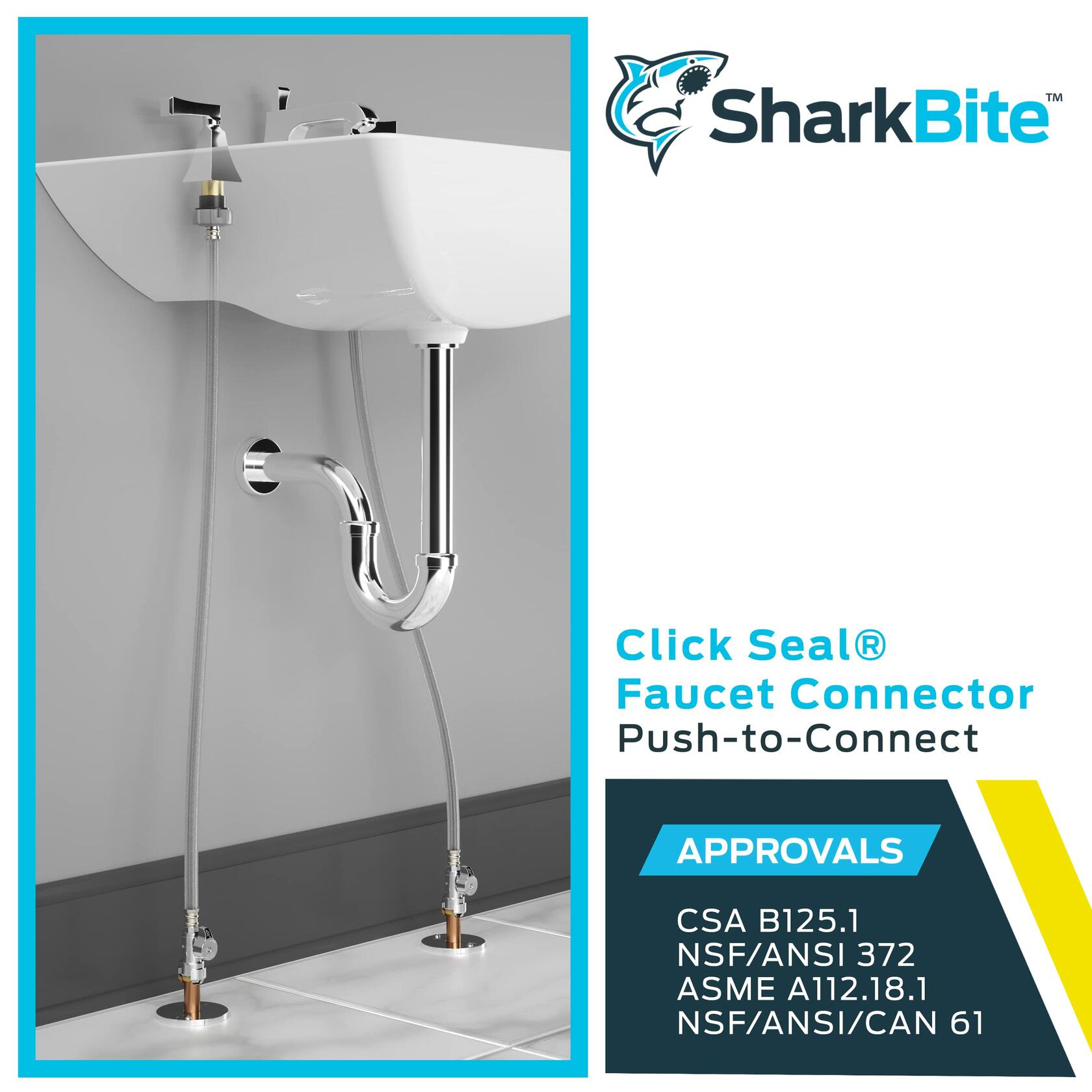SharkBite 1/2 Inch Straight Stop x 7/8 Inch Ballcock Click Seal Toilet Connector x 16 Inch, Push to Connect Brass Plumbing Fitting, PEX Pipe, Copper, CPVC, PE-RT, HDPE, 24686