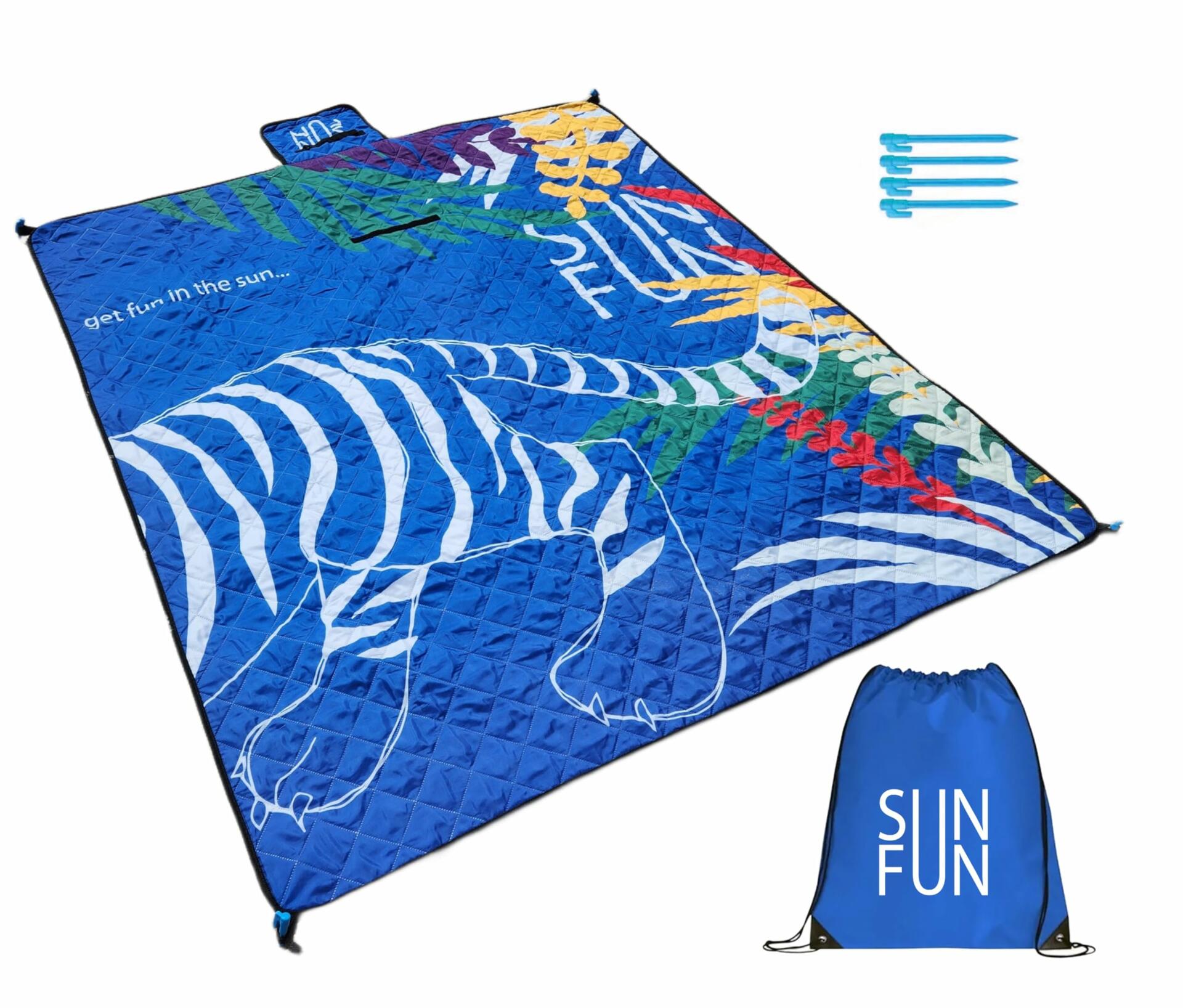 SUNFUN Beach Blanket Picnic Mat Sandproof Waterproof Foldable, Soft Touch as Cotton, Outdoor Activity, Backpack Included Anchored with 4 Plastic Stakes, Blue Tiger in Jungle