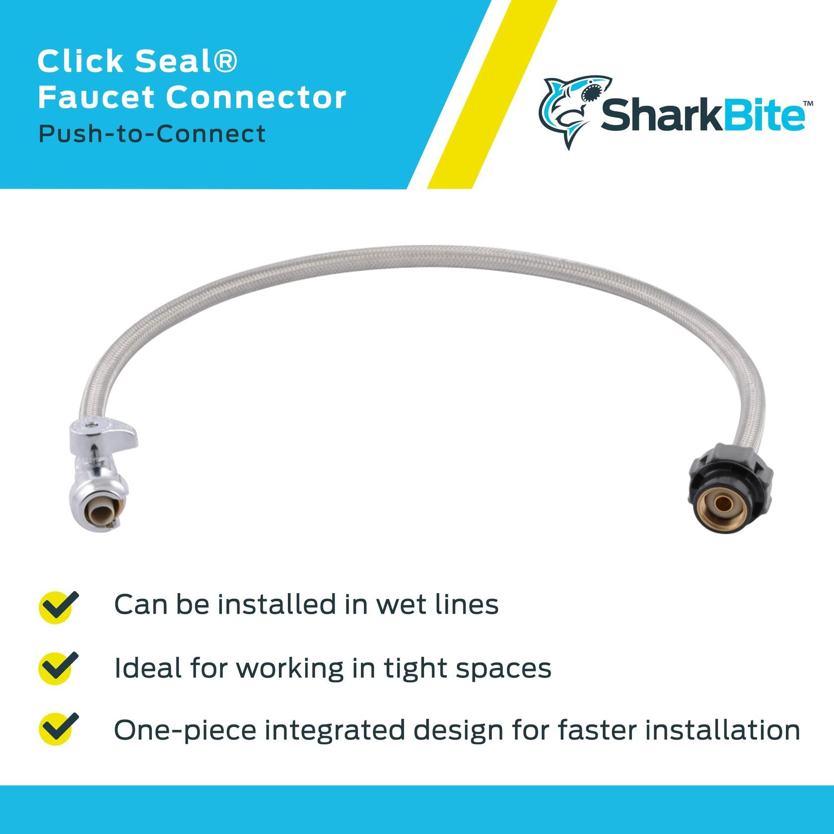 SharkBite 1/2 Inch Straight Stop x 7/8 Inch Ballcock Click Seal Toilet Connector x 16 Inch, Push to Connect Brass Plumbing Fitting, PEX Pipe, Copper, CPVC, PE-RT, HDPE, 24686