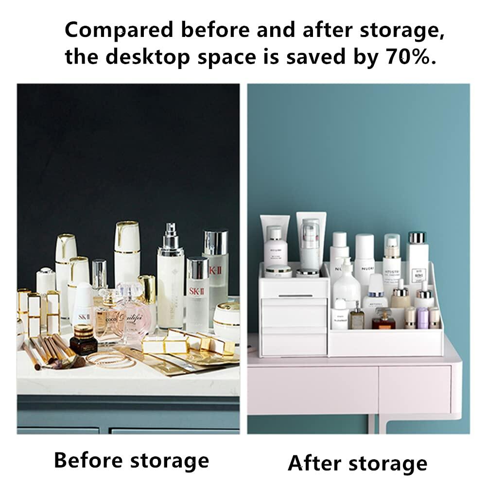 XIOU Makeup Desk Organizer with Drawers - Countertop Organizer for Cosmetics, Vanity Holder for Lipstick, Brushes, Lotions, Eyeshadow, Nail Polish and Jewelry (White)