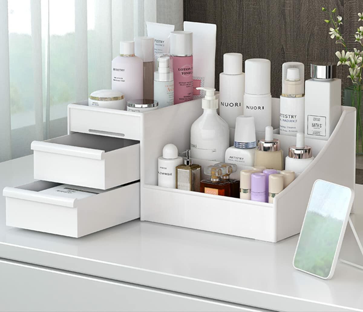 XIOU Makeup Desk Organizer with Drawers - Countertop Organizer for Cosmetics, Vanity Holder for Lipstick, Brushes, Lotions, Eyeshadow, Nail Polish and Jewelry (White)