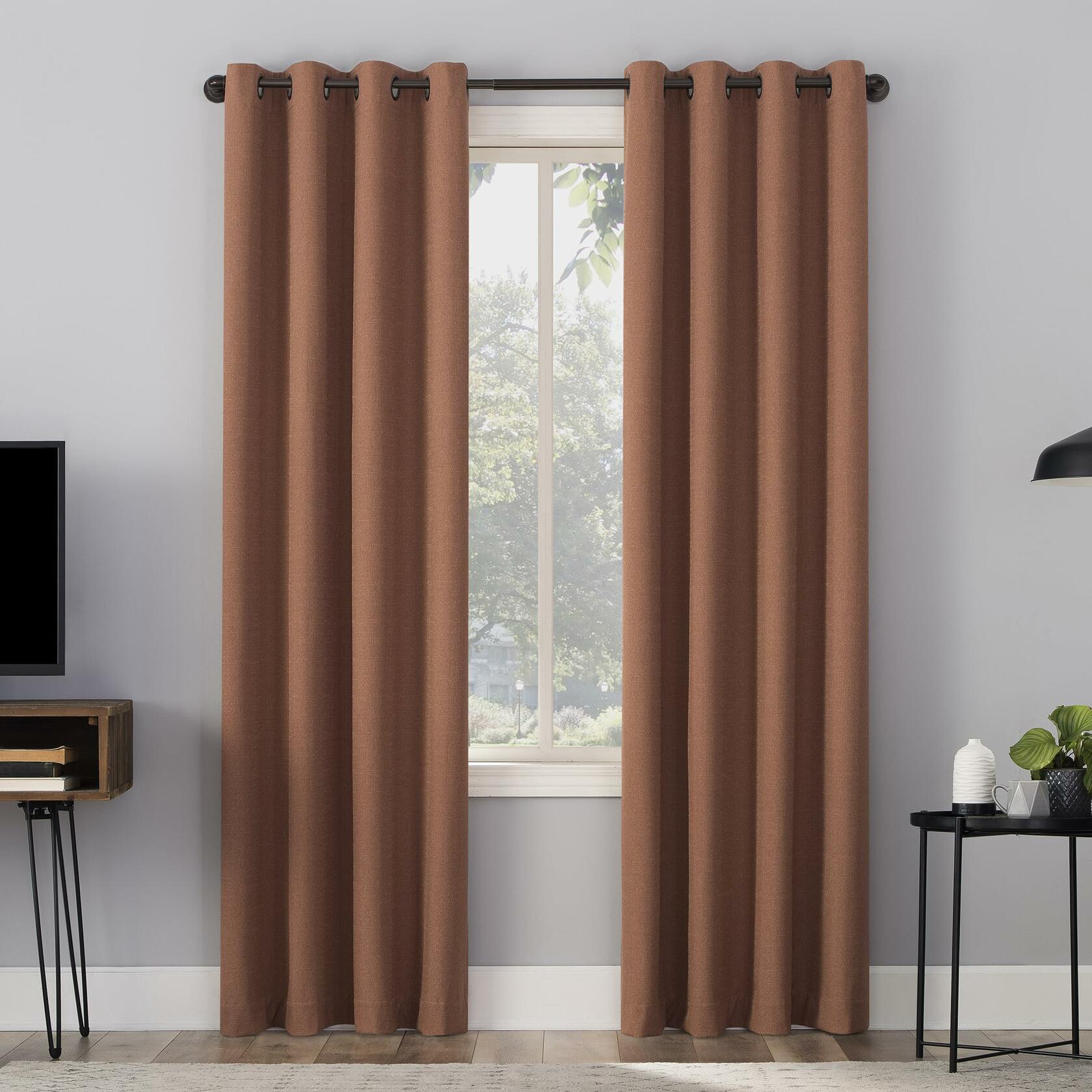 Sun Zero Channing Grid Texture Draft Shield Fleece Insulated Total Blackout Grommet Curtain Panel, 50" x 84", Terracotta Orange