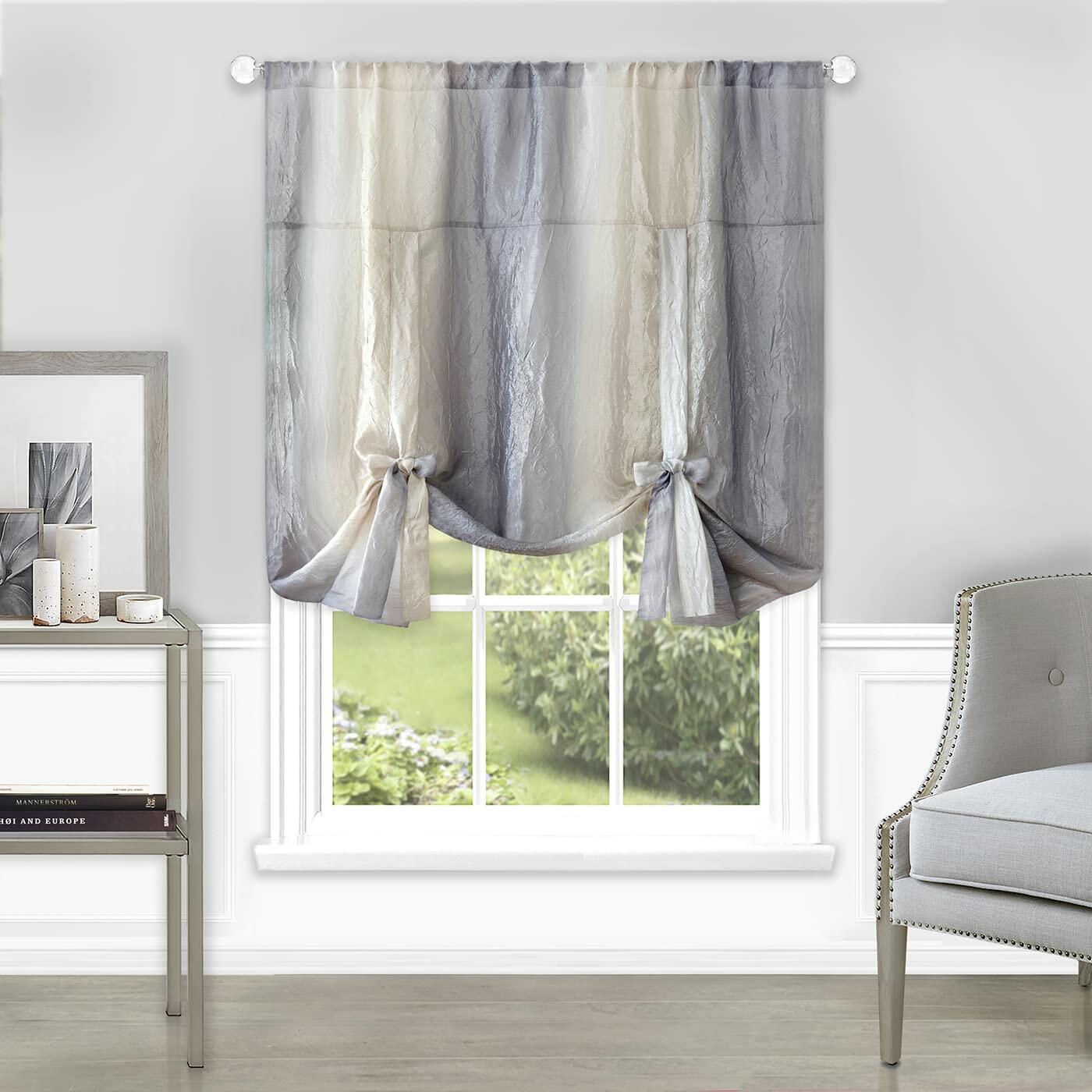 Ombre Window Curtain Tie Up Shade - 50 Inch Width, 63 Inch Length, 2-inch Rod Pocket - Grey - Ultra-Soft Light Filtering Fabric with Vertical Variegated Design - Machine Washable by Achim Home Decor