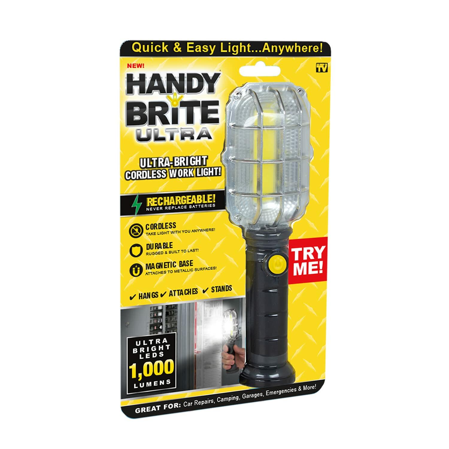 Ontel Handy Brite Ultra-Bright Cordless LED Rechargeable Work Light, 1000 Lumens, Magnetic Base, Heavy Duty, Compact & Lightweight Portable LED Flashlight