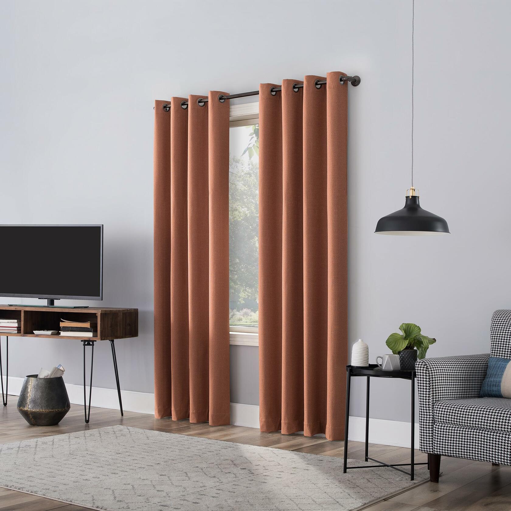 Sun Zero Channing Grid Texture Draft Shield Fleece Insulated Total Blackout Grommet Curtain Panel, 50" x 84", Terracotta Orange