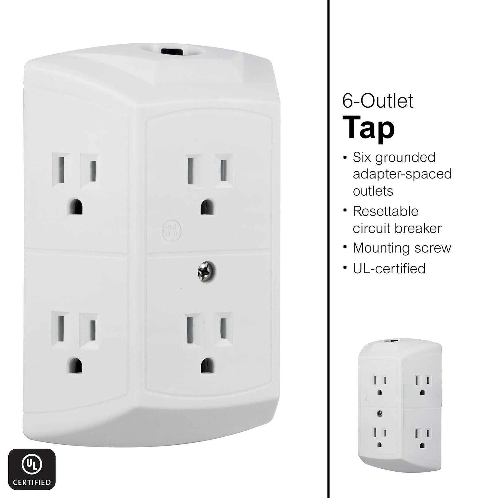 GE 6-Outlet Extender, 2 Pack, Grounded Wall Tap, Reset Button, Circuit Breaker, Adapter Spaced Outlets, 3-Prong, Multiple Plug, Quick and Easy Install, Cruise Essentials, UL Listed, White, 46854