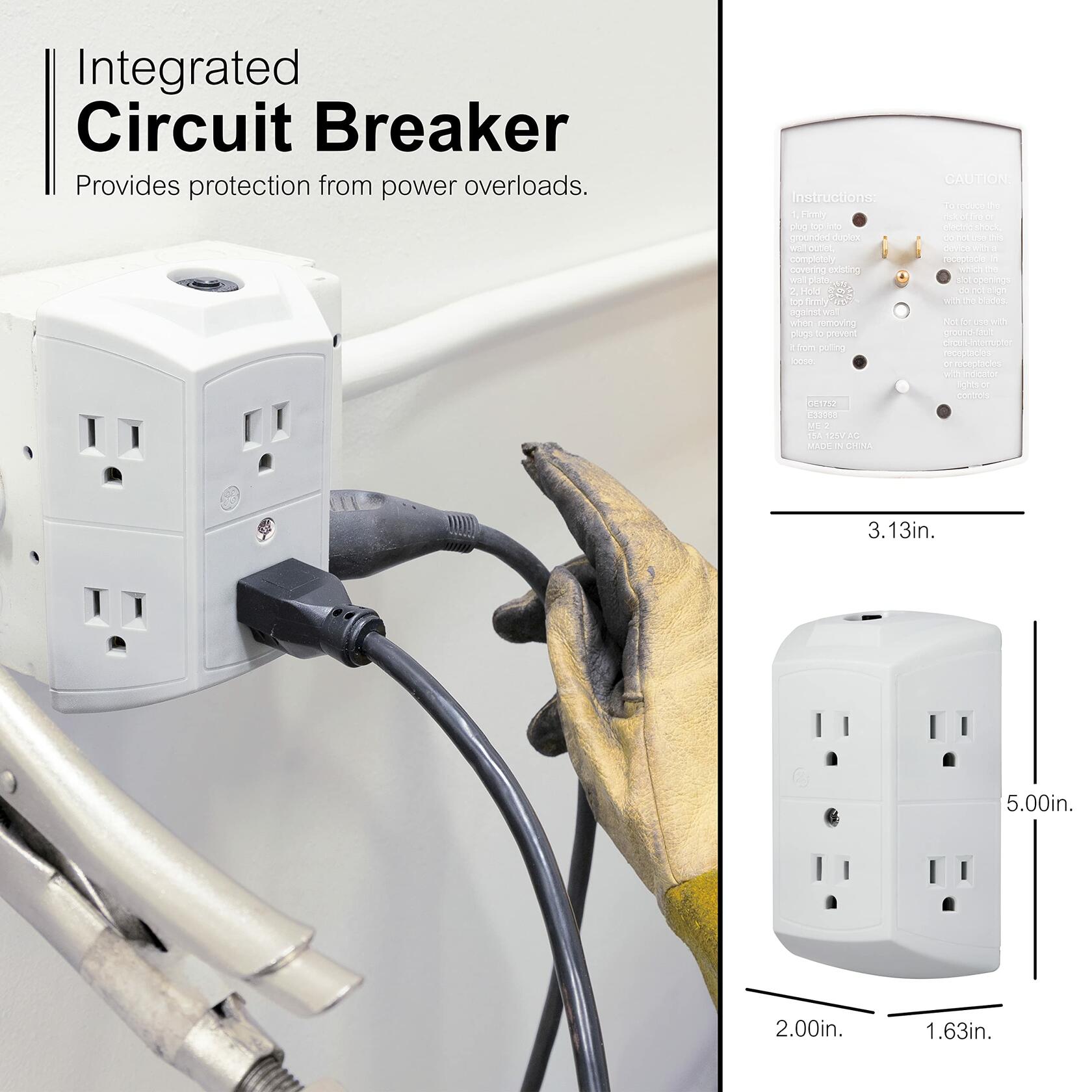 GE 6-Outlet Extender, 2 Pack, Grounded Wall Tap, Reset Button, Circuit Breaker, Adapter Spaced Outlets, 3-Prong, Multiple Plug, Quick and Easy Install, Cruise Essentials, UL Listed, White, 46854