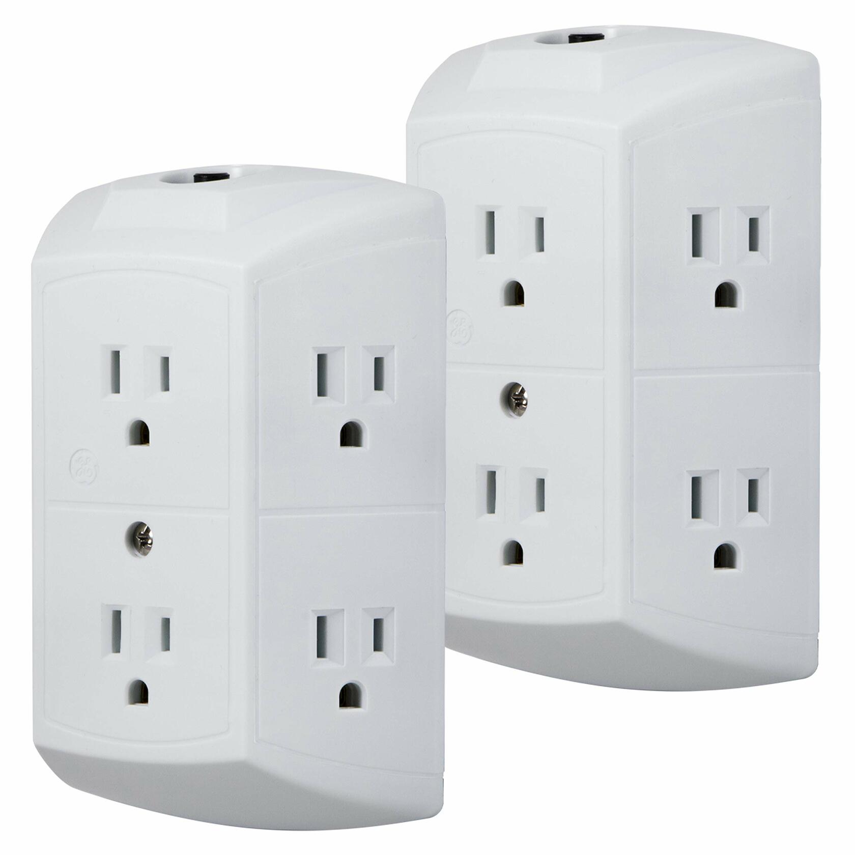 GE 6-Outlet Extender, 2 Pack, Grounded Wall Tap, Reset Button, Circuit Breaker, Adapter Spaced Outlets, 3-Prong, Multiple Plug, Quick and Easy Install, Cruise Essentials, UL Listed, White, 46854
