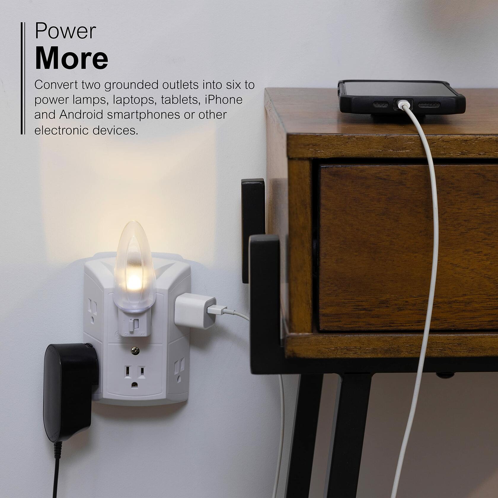 GE 6-Outlet Extender, 2 Pack, Grounded Wall Tap, Reset Button, Circuit Breaker, Adapter Spaced Outlets, 3-Prong, Multiple Plug, Quick and Easy Install, Cruise Essentials, UL Listed, White, 46854