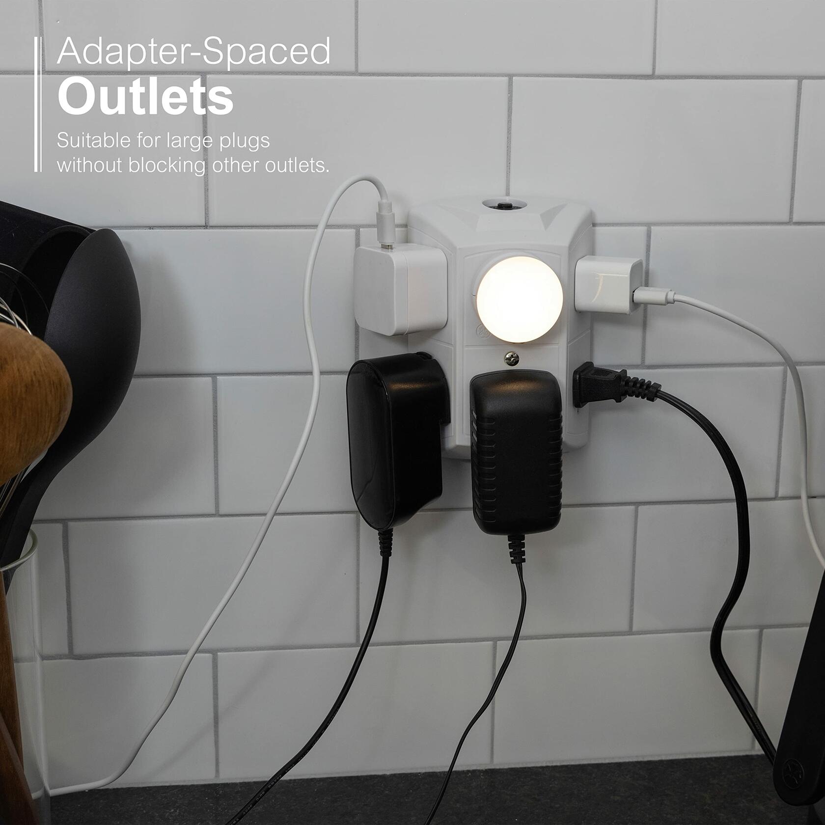 GE 6-Outlet Extender, 2 Pack, Grounded Wall Tap, Reset Button, Circuit Breaker, Adapter Spaced Outlets, 3-Prong, Multiple Plug, Quick and Easy Install, Cruise Essentials, UL Listed, White, 46854