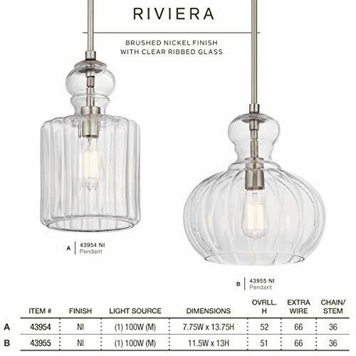 Kichler Riviera 13" 1 Light Pendant with Clear Ribbed Glass in Brushed Nickel