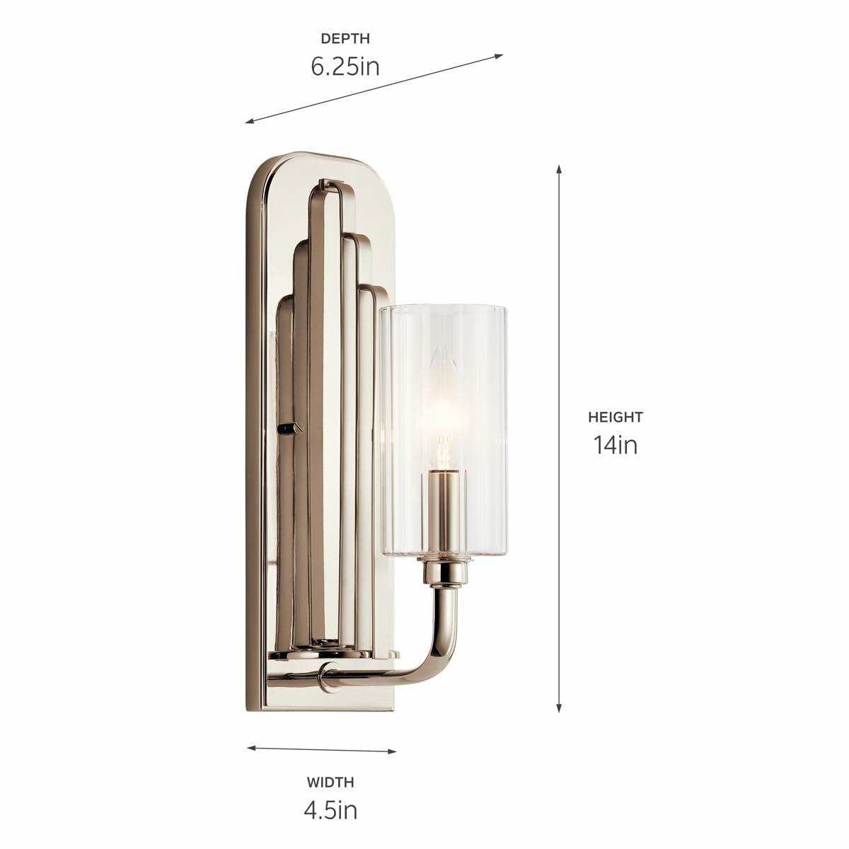 Kichler Kimrose Wall Sconce, 1 Light in Polished Nickel with Clear Fluted Glass, 14" H x 4.5" W, 52415PN