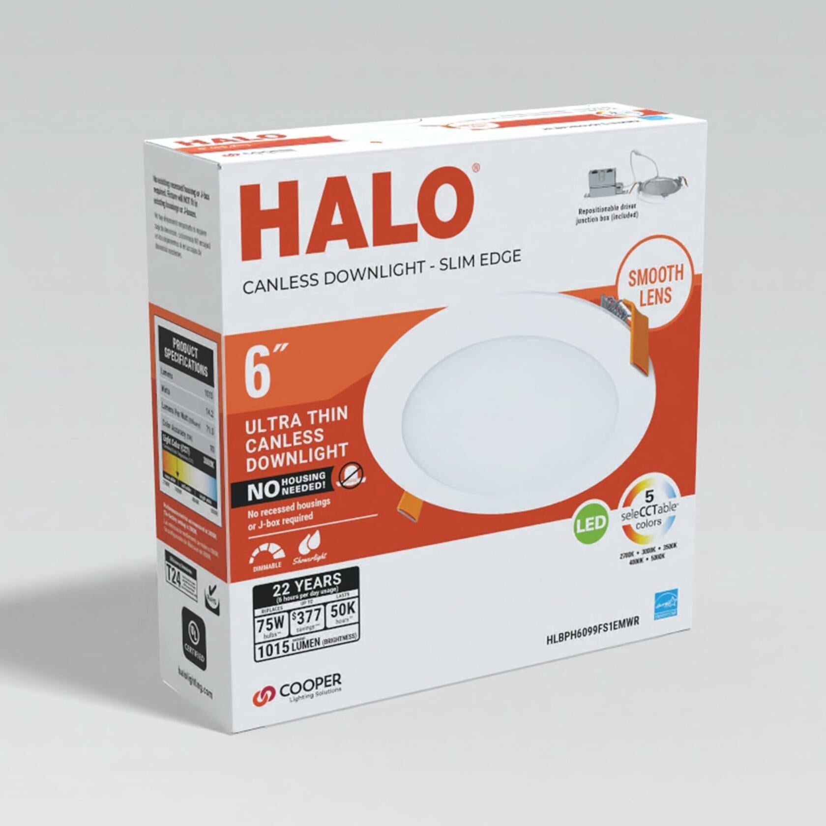 HALO HLBPH 6 inch Canless Recessed Downlight w/Remote Driver/Junction Box Integrated LED Kit Selectable 2700K, 3000K, 3500K, 4000K, 5000K CCT New Construction 6 inch White