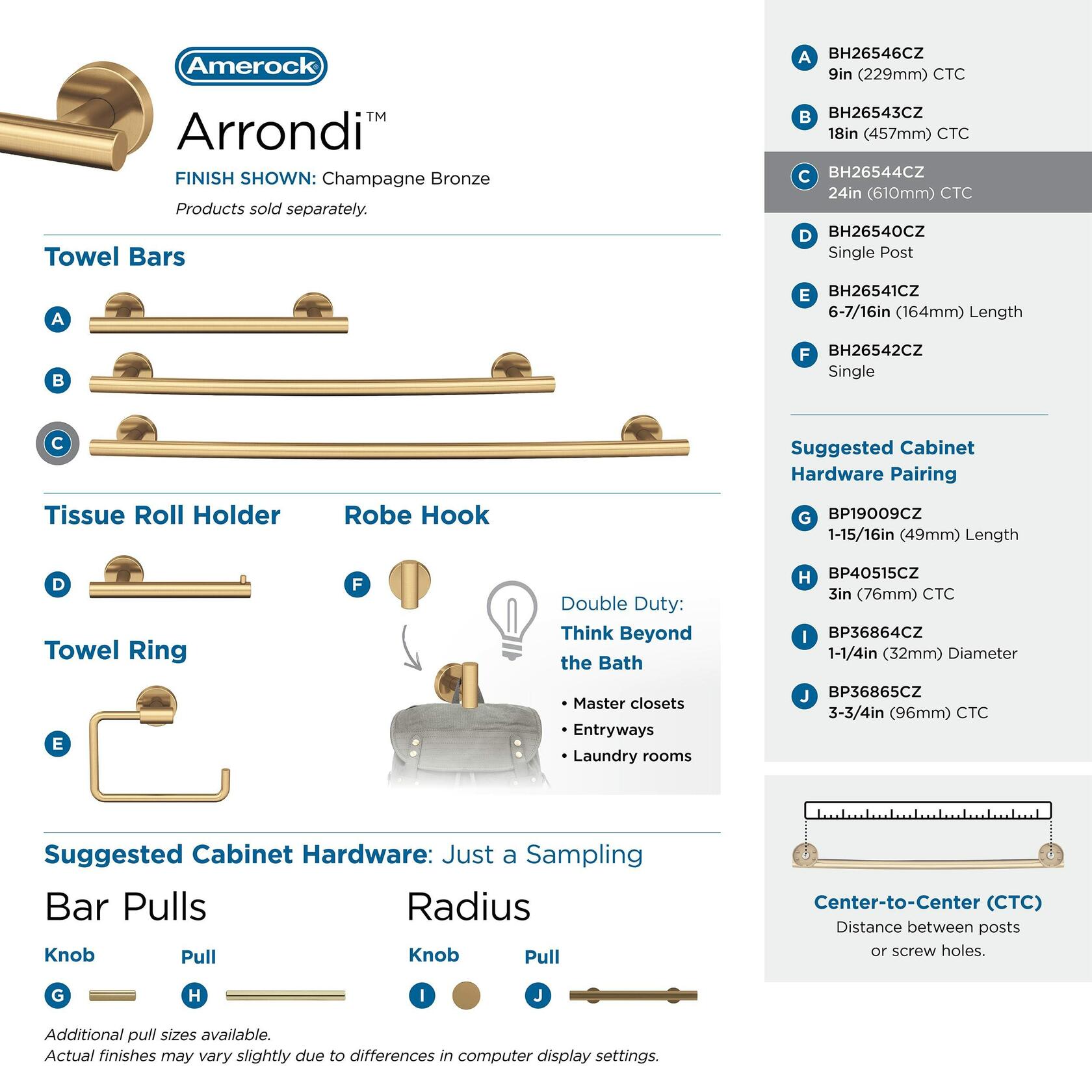 Amerock BH26544CZ | Champagne Bronze Towel Bar | 24 in (610 mm) Towel Rack | Arrondi | Bathroom Towel Holder | Bathroom Hardware | Bath Accessories