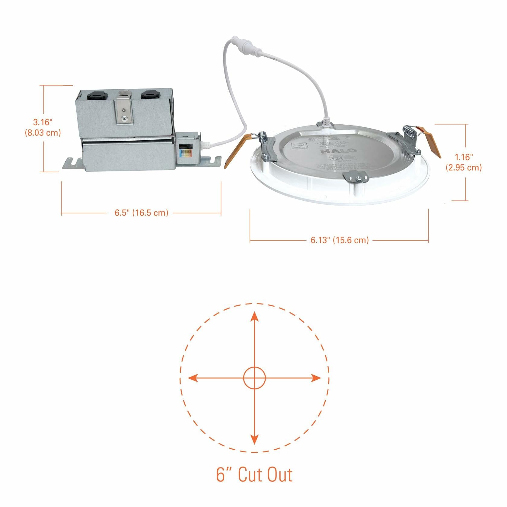 HALO HLBPH 6 inch Canless Recessed Downlight w/Remote Driver/Junction Box Integrated LED Kit Selectable 2700K, 3000K, 3500K, 4000K, 5000K CCT New Construction 6 inch White