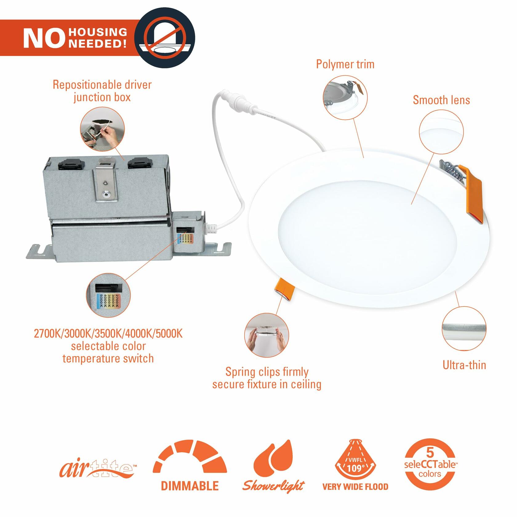 HALO HLBPH 6 inch Canless Recessed Downlight w/Remote Driver/Junction Box Integrated LED Kit Selectable 2700K, 3000K, 3500K, 4000K, 5000K CCT New Construction 6 inch White