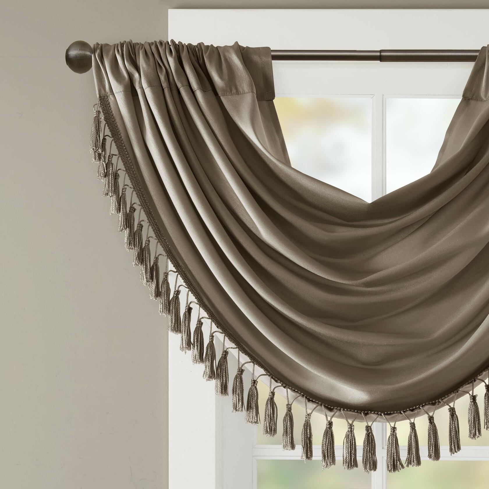 Madison Park Elena Waterfall Embellished Rod Pocket Valance , Faux Silk Valances for Window , 38X46" , Bronze