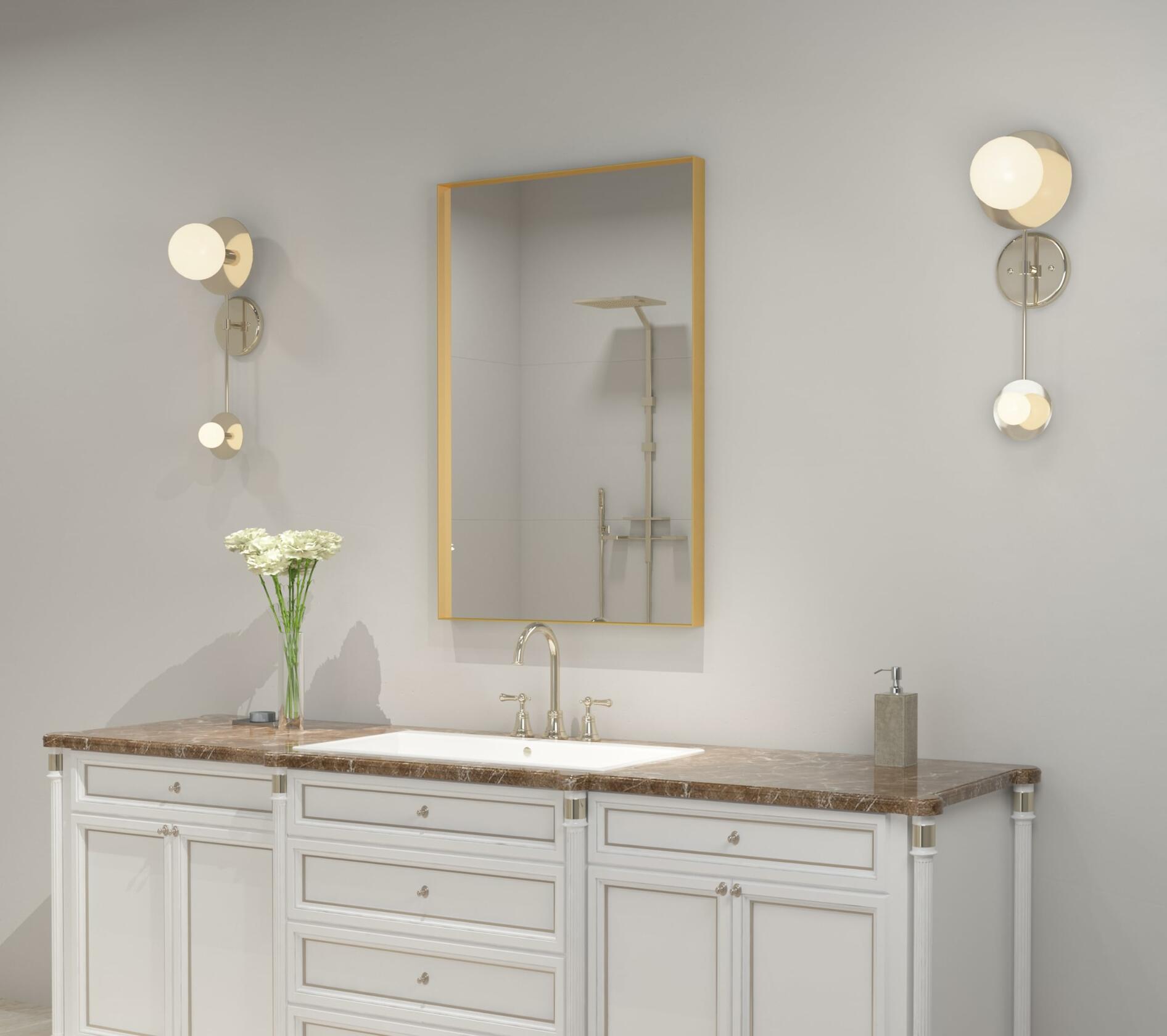 VocalStar 24 x 36 Inch Gold Bathroom Mirror, Square Corner Rectangle Brass Metal Framed Bathroom Vanity Mirrors for Wall, 1/4-inch Shatterproof Glass | Ultra-Flush Hanging