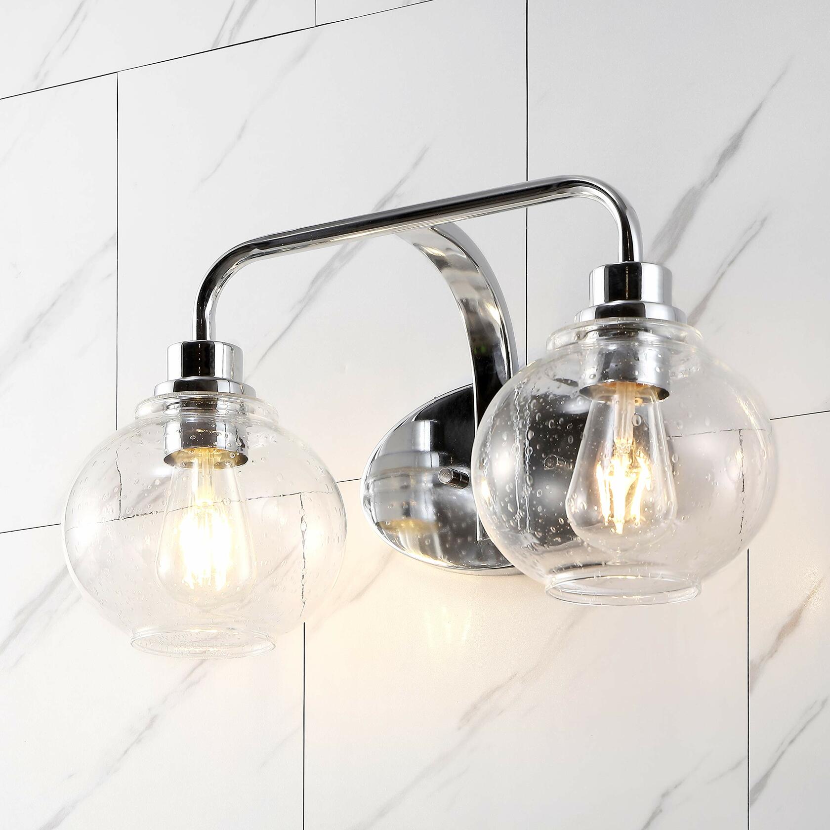 JONATHAN Y JYL7527B Sandrine 17.5" 2-Light Iron/Seeded Glass Cottage Rustic LED Vanity Light Classic 2700K LED 4W Bulbs Entryway Lobby Kitchen Bathroom Bedroom Living Room Hallway, Chrome