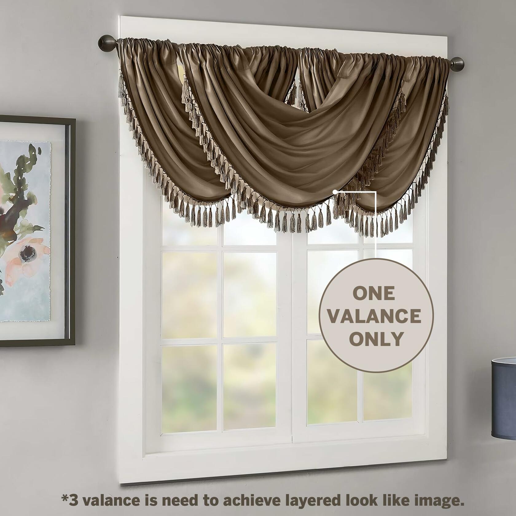 Madison Park Elena Waterfall Embellished Rod Pocket Valance , Faux Silk Valances for Window , 38X46" , Bronze