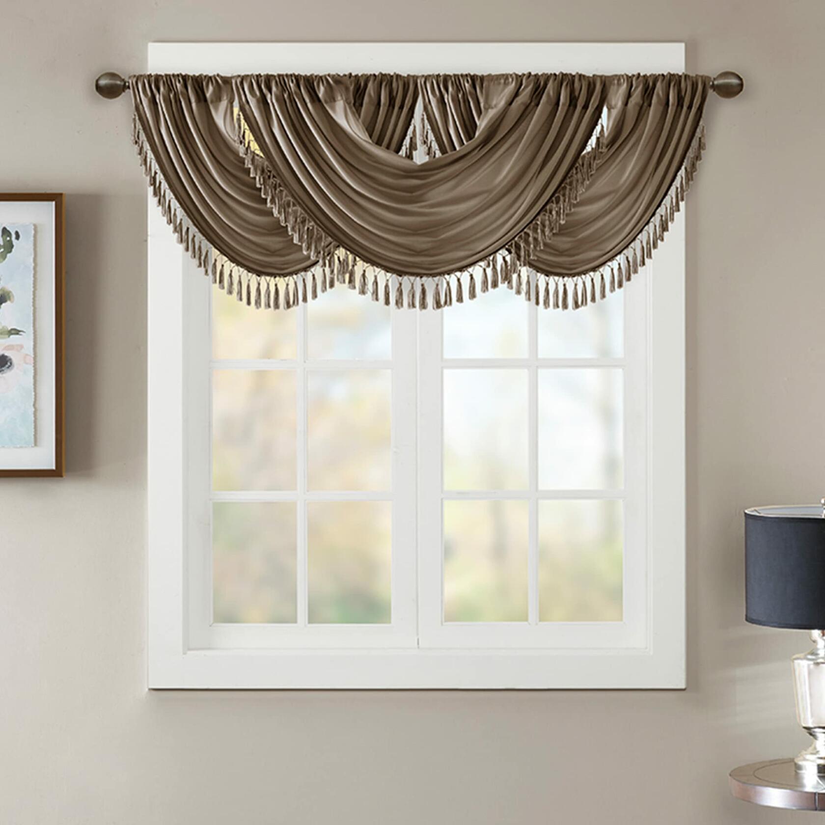 Madison Park Elena Waterfall Embellished Rod Pocket Valance , Faux Silk Valances for Window , 38X46" , Bronze